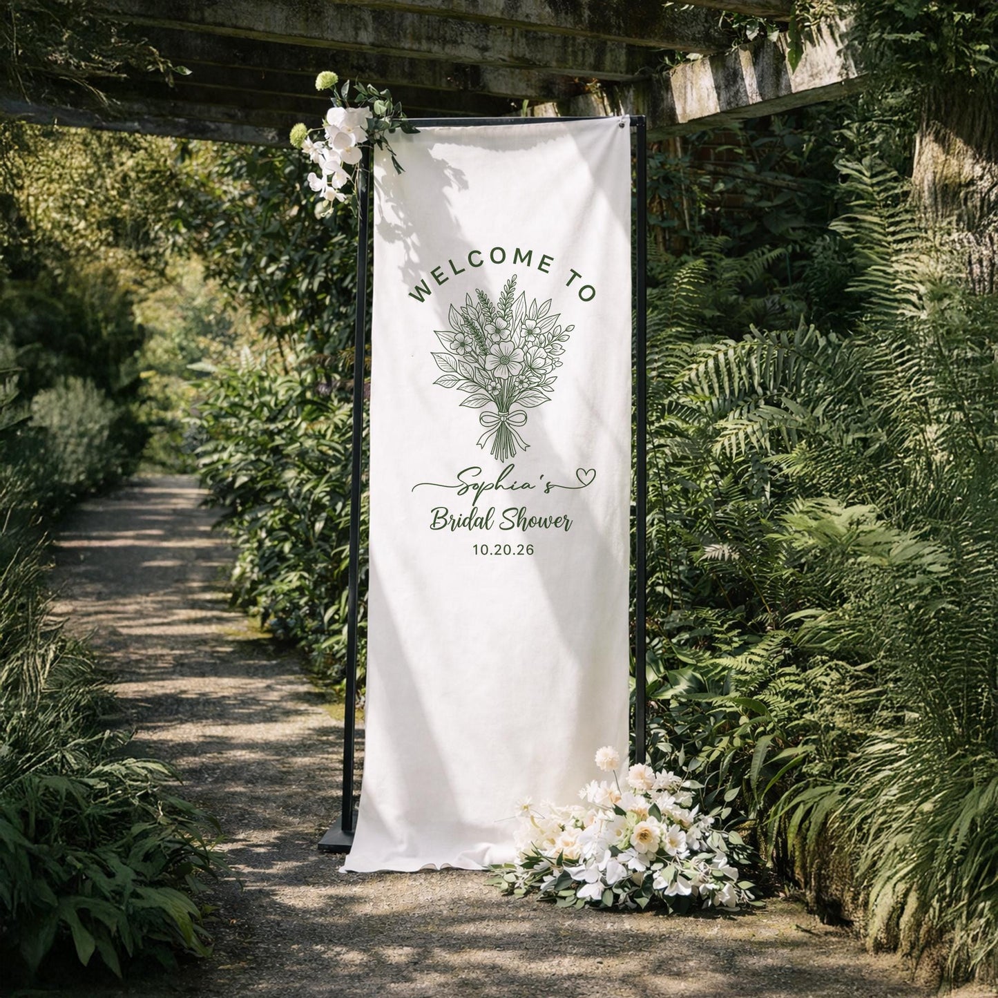 Personalized Bridal Shower Welcome Banner, Custom Bride To Be Party Backdrop Sign, Elegant Garden Bridal Shower Decor with Name and Date