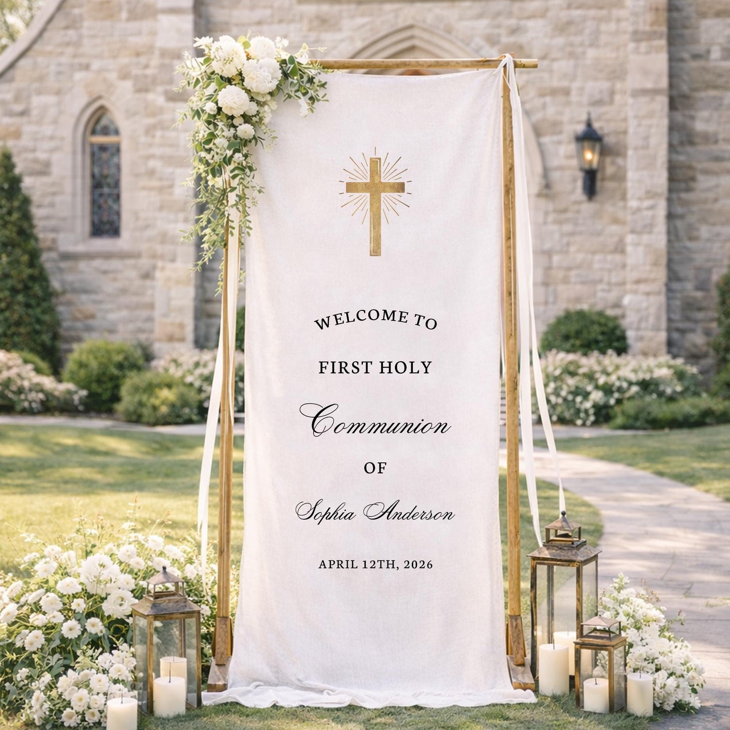 First Holy Communion Banner, Personalized Communion Welcome Sign with Cross,Catholic Baptism Party Decor, Custom Church Celebration Backdrop