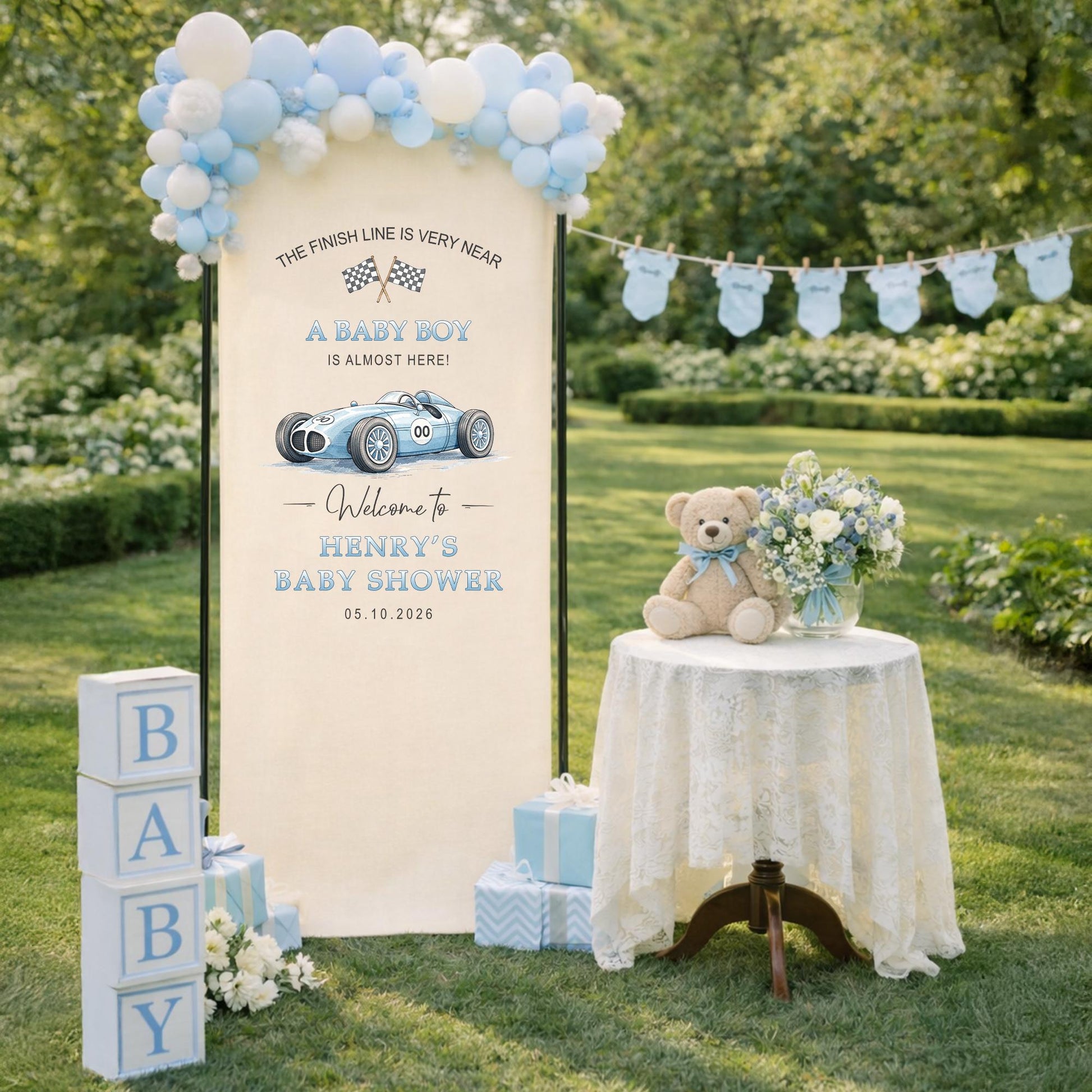 Car Baby Shower Banner, A Baby Boy Is Almost Here Finish Line Theme Sign, Personalized Baby Shower Welcome Banner, Racing Baby Decor