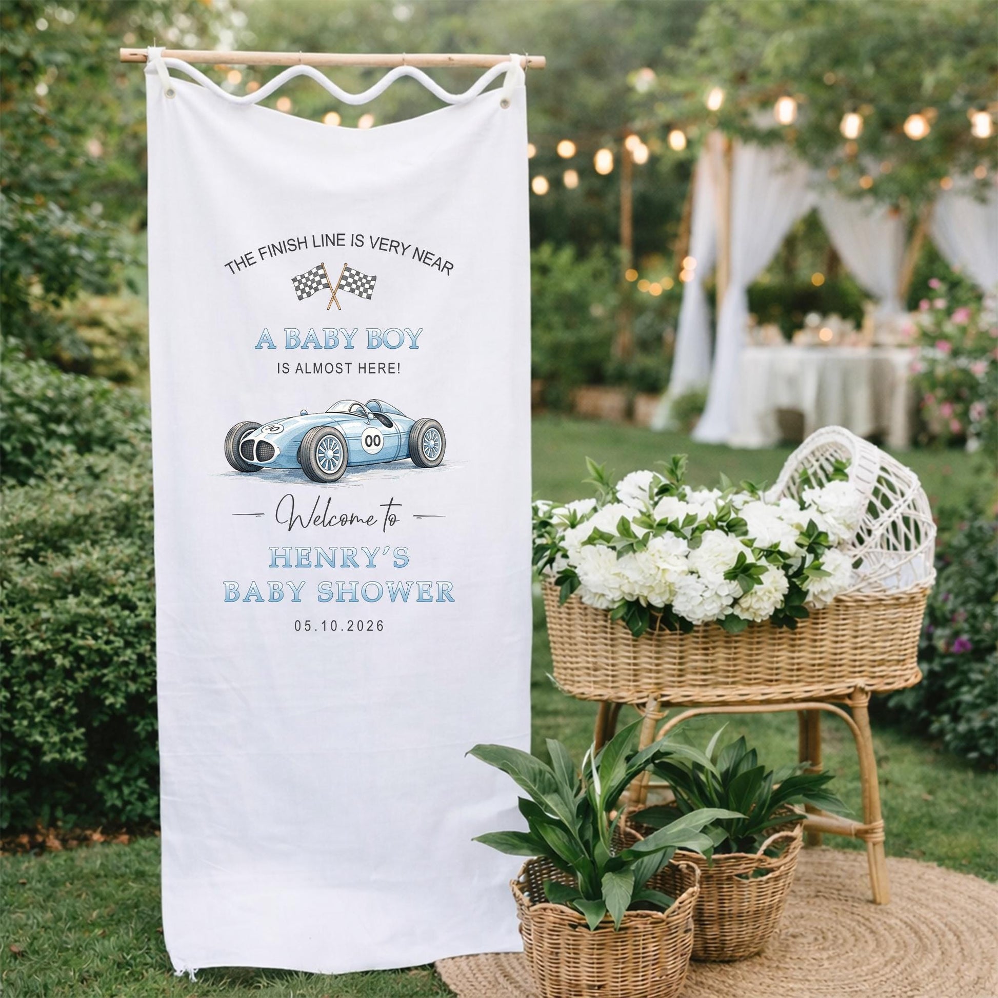 Car Baby Shower Banner, A Baby Boy Is Almost Here Finish Line Theme Sign, Personalized Baby Shower Welcome Banner, Racing Baby Decor