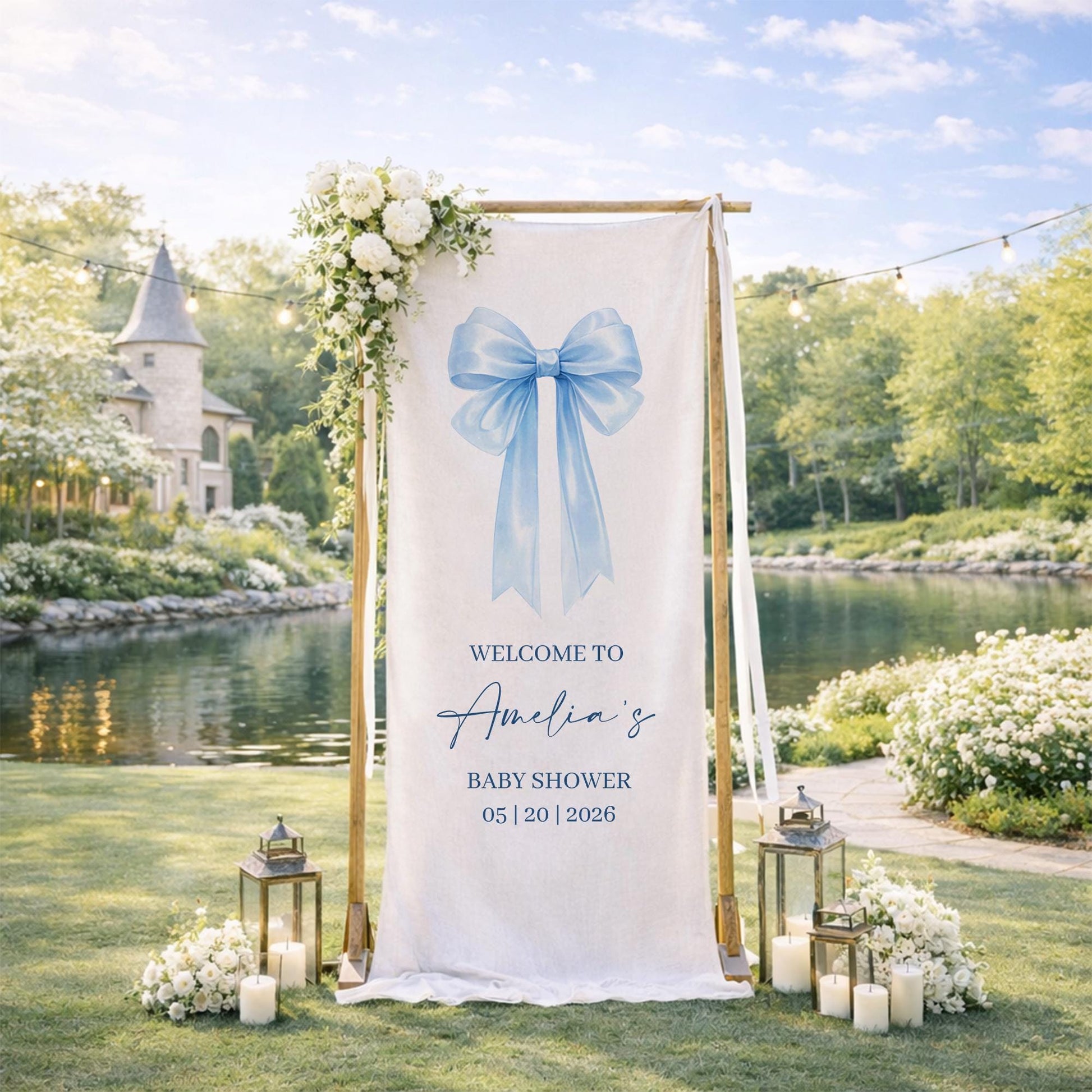 Blue Bow Baby Shower Banner, Personalized Baby Girl Shower Welcome Sign, Elegant Bow Theme Baby Shower Backdrop, Custom Baby Shower Decor