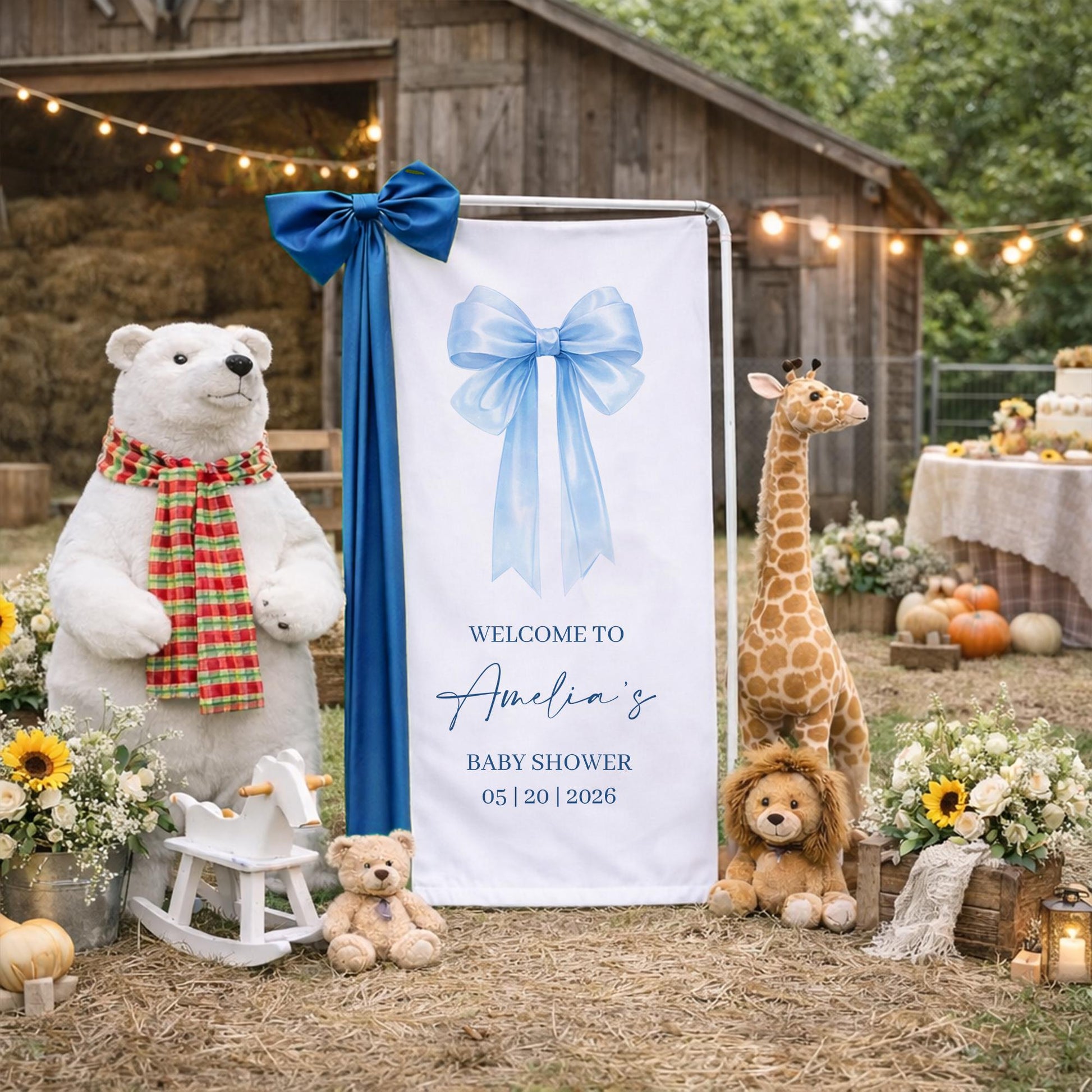 Blue Bow Baby Shower Banner, Personalized Baby Girl Shower Welcome Sign, Elegant Bow Theme Baby Shower Backdrop, Custom Baby Shower Decor