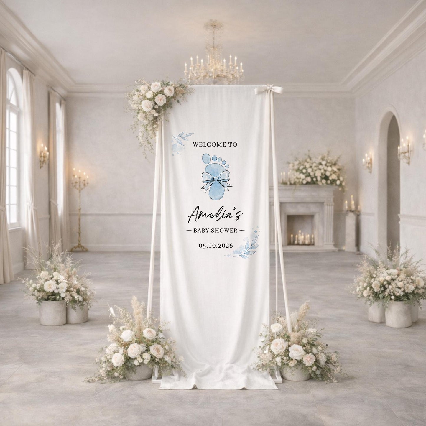 Baby Footprint Baby Shower Banner, Personalized Baby Girl Shower Welcome Sign, Elegant Baby Shower Backdrop, Custom Baby Shower Decor