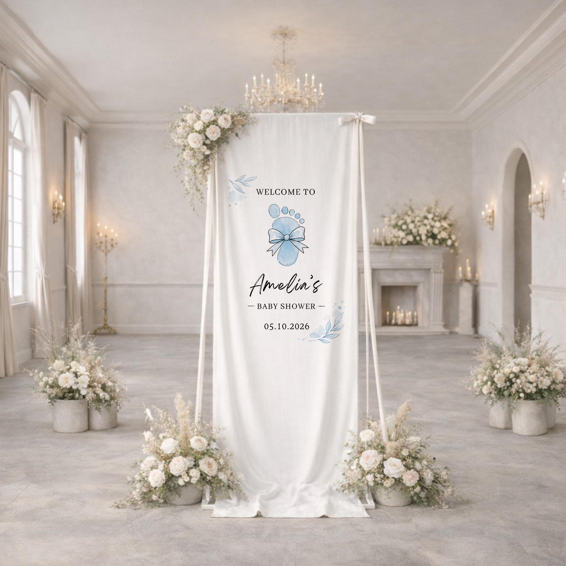 Baby Footprint Baby Shower Banner, Personalized Baby Girl Shower Welcome Sign, Elegant Baby Shower Backdrop, Custom Baby Shower Decor