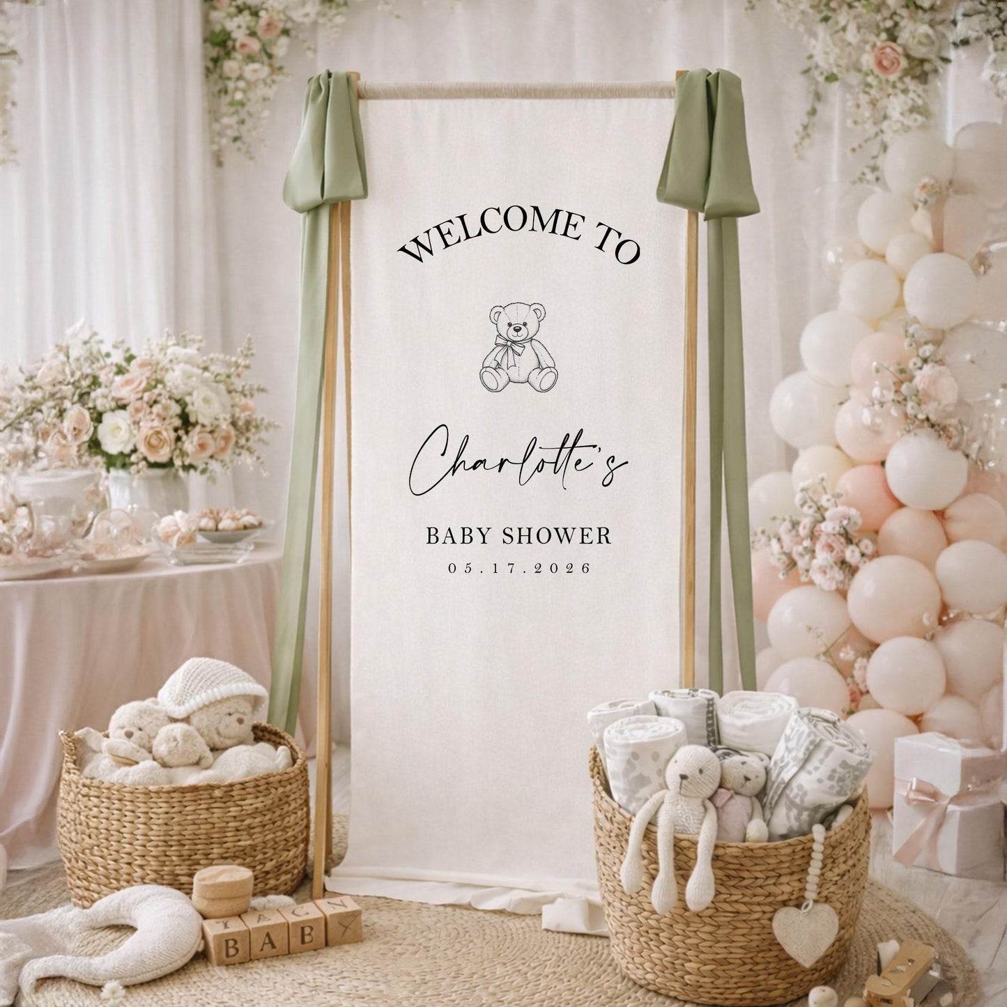 Personalized Baby Shower Welcome Sign, Custom Girl Baby Shower Banner Backdrop, Neutral Garden Party Decor