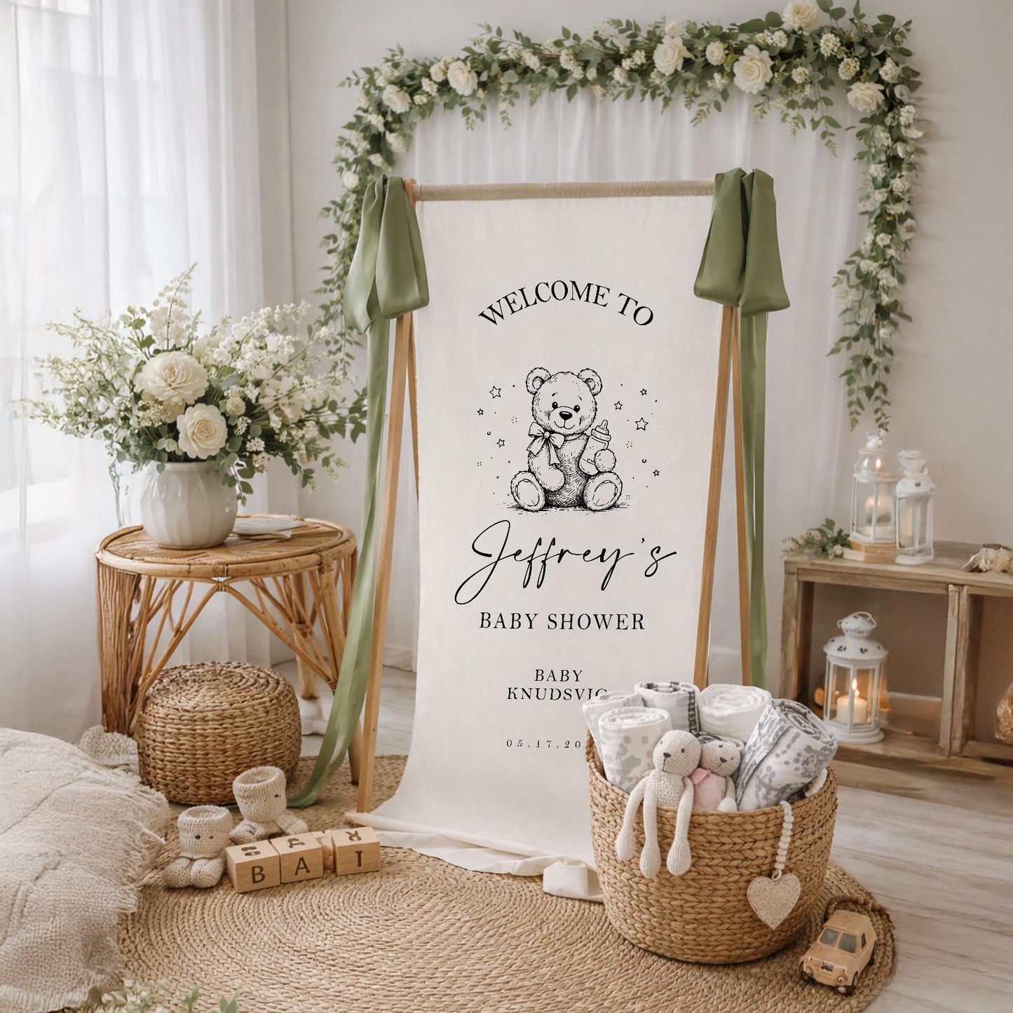 Personalized Baby Shower Welcome Sign Boy, Custom Baby Name Banner Backdrop, Neutral Garden Baby Shower Decor, Baby Shower Decor