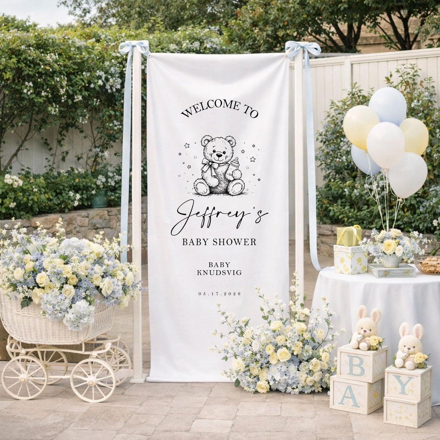 Personalized Baby Shower Welcome Sign Boy, Custom Baby Name Banner Backdrop, Neutral Garden Baby Shower Decor, Baby Shower Decor