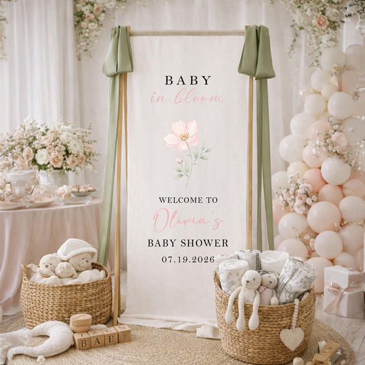 Baby in Bloom Baby Shower Welcome Sign, Personalized Floral Baby Shower Backdrop, Custom Girl Baby Shower Banner Garden Party Decor
