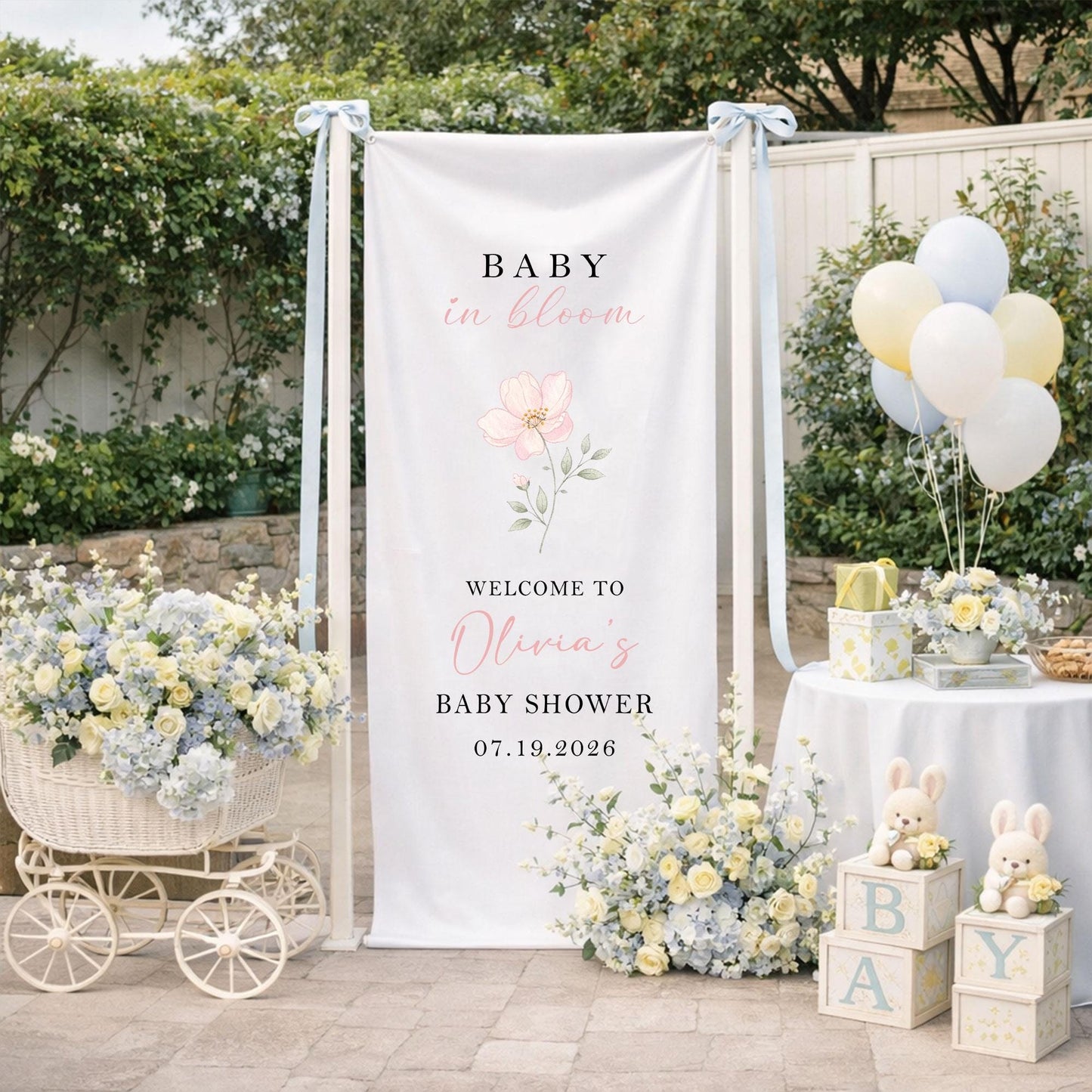 Baby in Bloom Baby Shower Welcome Sign, Personalized Floral Baby Shower Backdrop, Custom Girl Baby Shower Banner Garden Party Decor