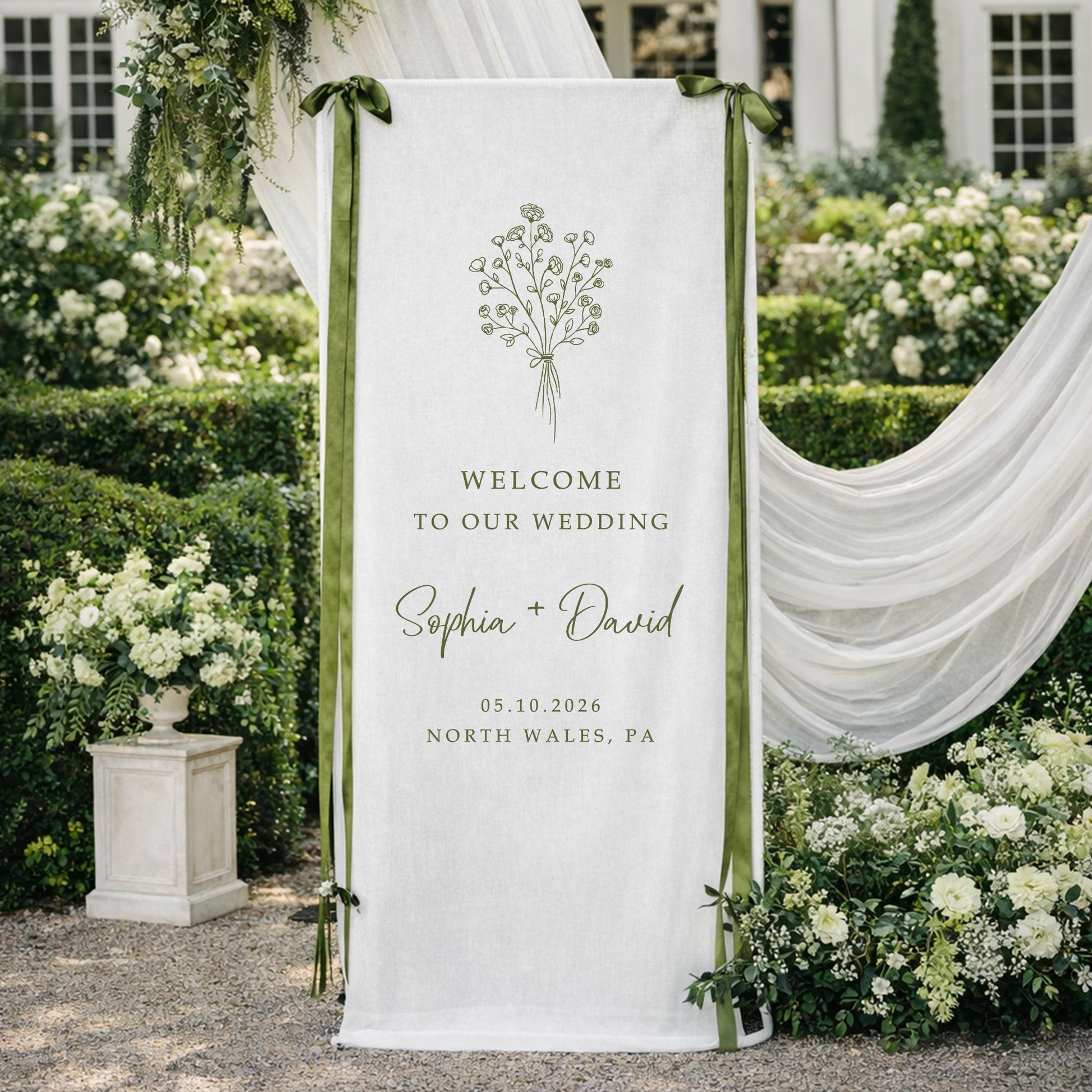 Wedding Welcome Banner, Personalized Wedding Welcome Sign, Elegant Floral Wedding Ceremony Backdrop, Custom Couple Names Wedding Decor