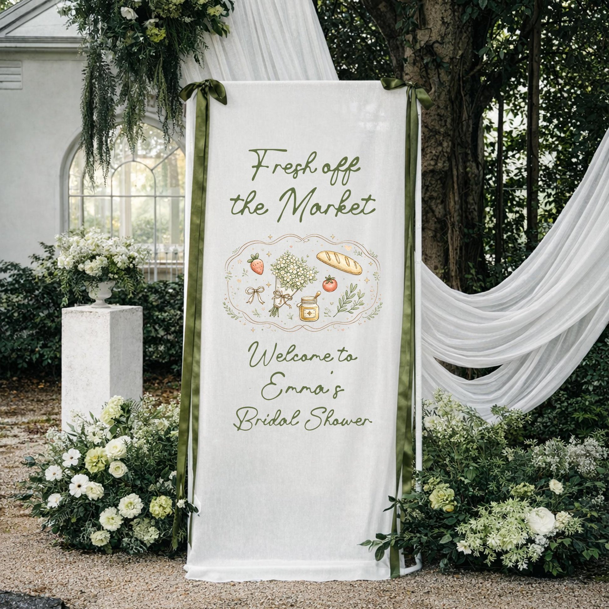 Fresh Off The Market Bridal Shower Banner, Farmers Market Bridal Shower Welcome Sign, Rustic Garden Bride To Be Party Backdrop Decor