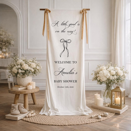 A Little Girl Is On The Way Baby Shower Banner, Baby Girl Shower Welcome Sign, Personalized Baby Shower Backdrop, Bow Baby Shower Decor