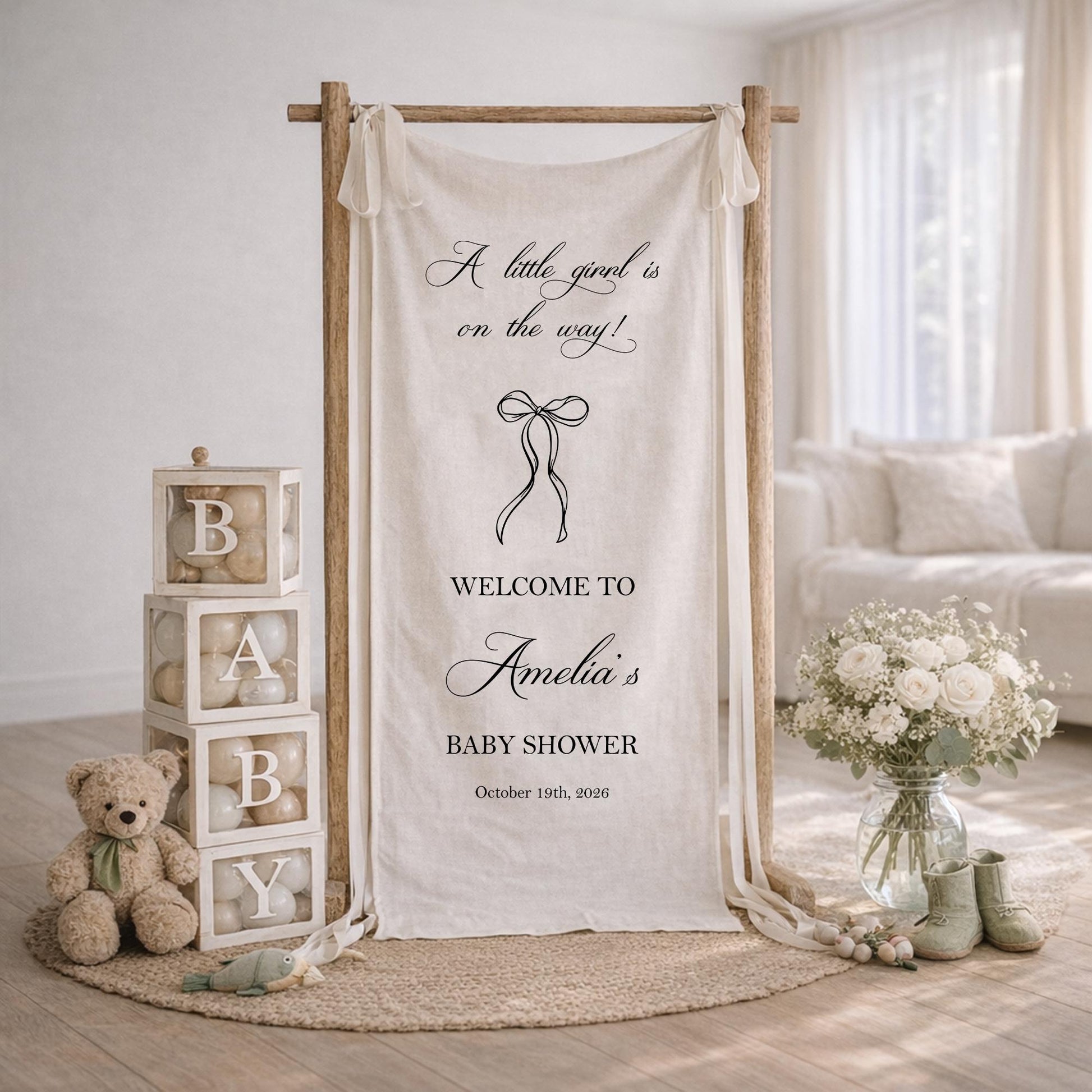 A Little Girl Is On The Way Baby Shower Banner, Baby Girl Shower Welcome Sign, Personalized Baby Shower Backdrop, Bow Baby Shower Decor