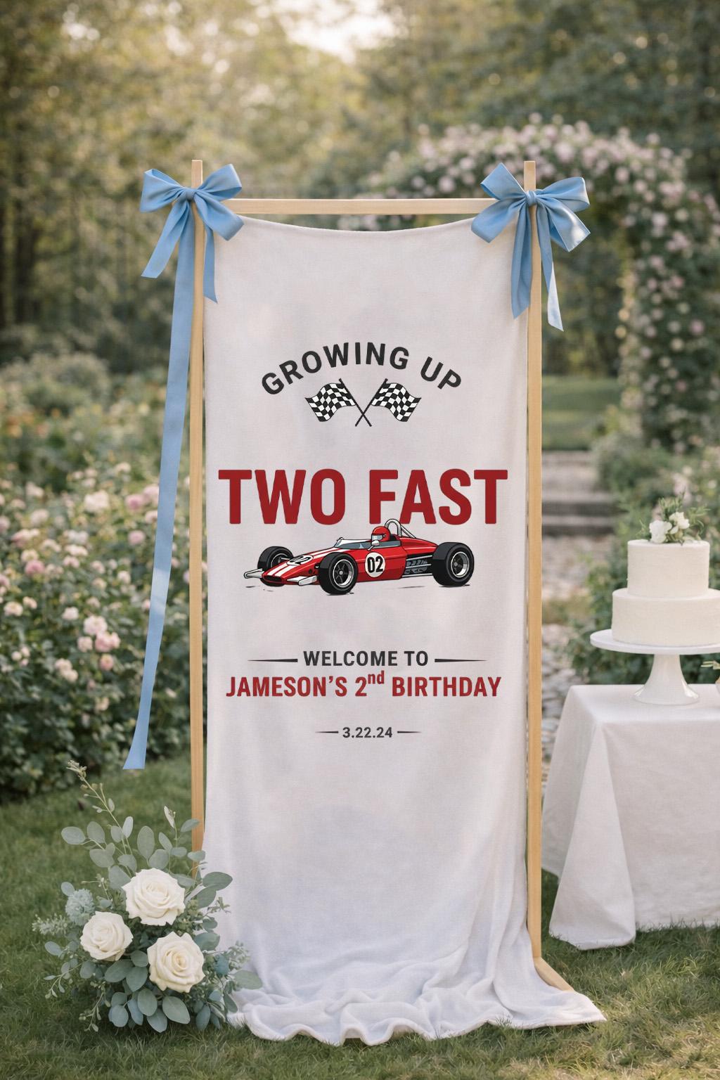Two Fast Birthday Banner, Race Car 2nd Birthday Welcome Sign, Two Fast Birthday Party Decor, Personalized Racing Car Birthday Banner