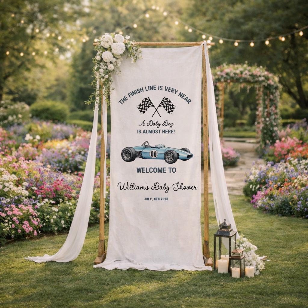 Race Car Baby Shower Banner, The Finish Line Is Very Near Baby Shower Sign, Baby Boy Racing Theme Welcome Banner, Two Fast Baby Shower Decor