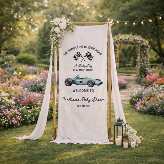 Race Car Baby Shower Banner, The Finish Line Is Very Near Baby Shower Sign, Baby Boy Racing Theme Welcome Banner, Two Fast Baby Shower Decor
