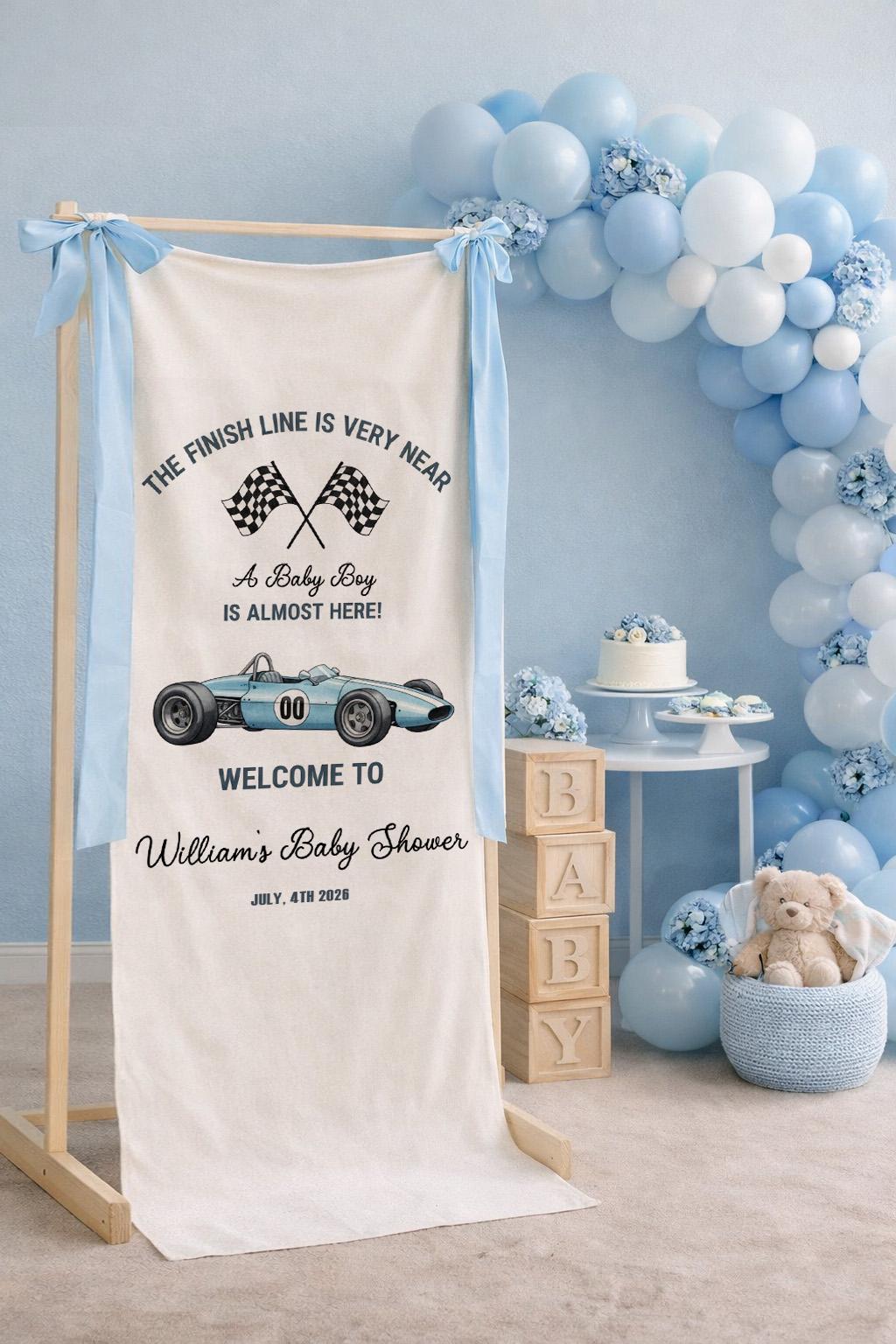 Race Car Baby Shower Banner, The Finish Line Is Very Near Baby Shower Sign, Baby Boy Racing Theme Welcome Banner, Two Fast Baby Shower Decor