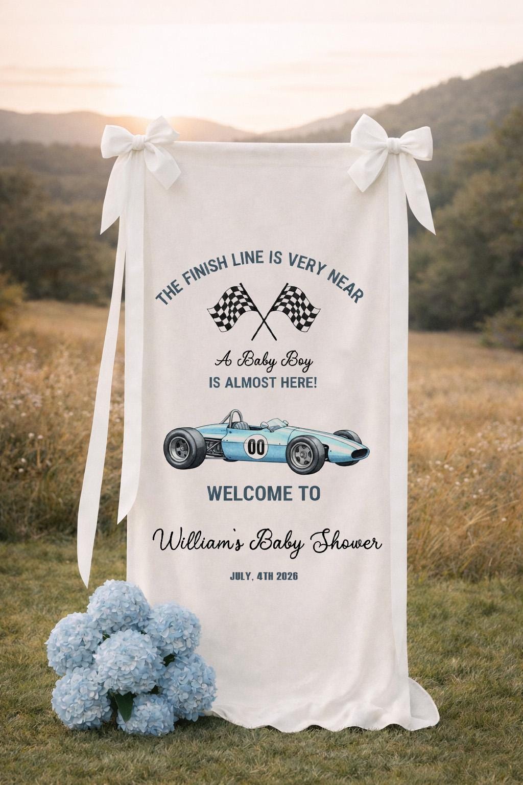 Race Car Baby Shower Banner, The Finish Line Is Very Near Baby Shower Sign, Baby Boy Racing Theme Welcome Banner, Two Fast Baby Shower Decor