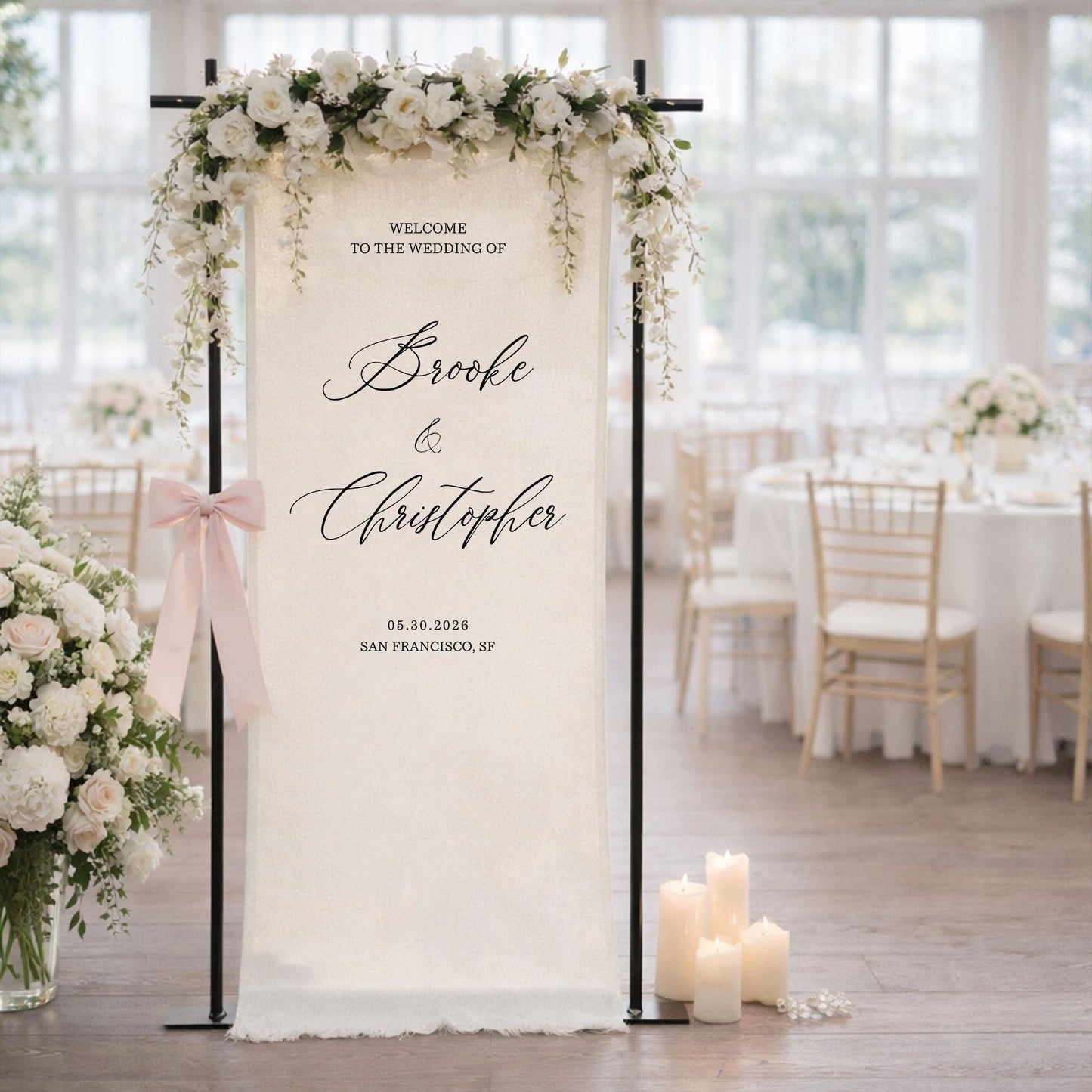 Beach Wedding Welcome Sign Fabric Banner, Personalized Wedding Backdrop for Outdoor Ceremony Entrance Decor