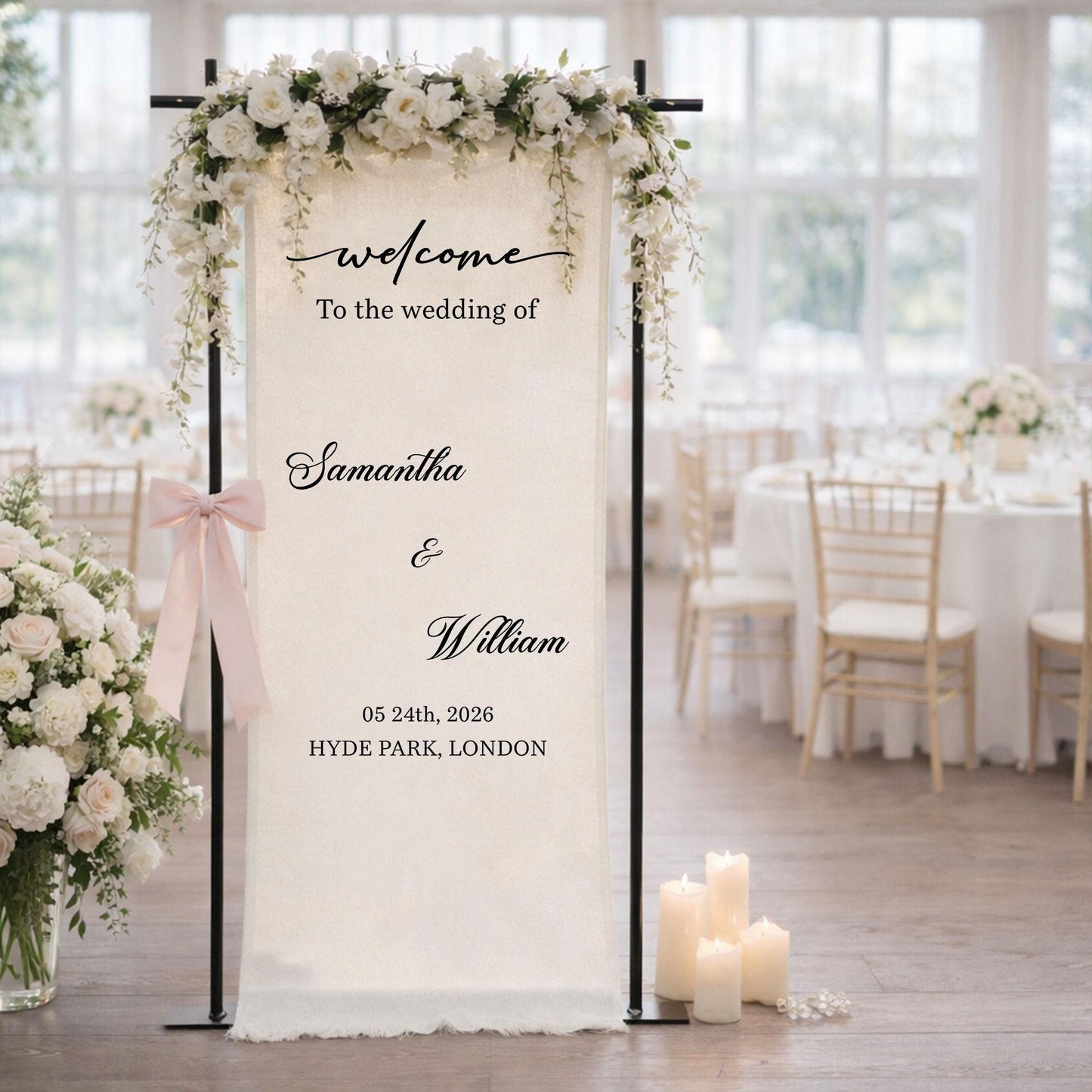 Wedding Welcome Sign Fabric Banner, Personalized Outdoor Garden Wedding Backdrop for Ceremony Entrance Decor