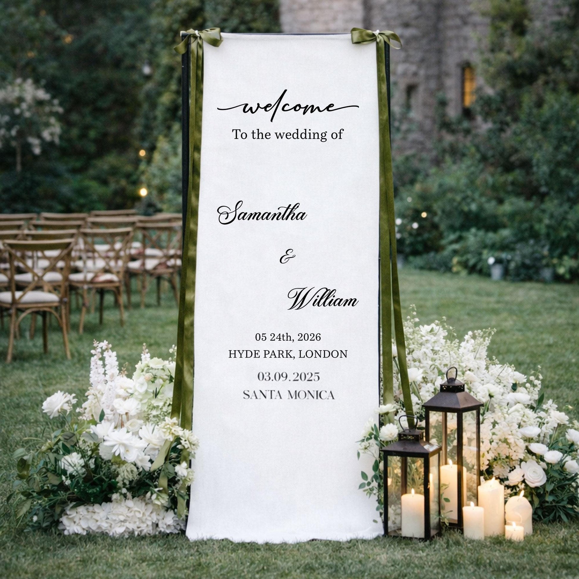 Wedding Welcome Sign Fabric Banner, Personalized Outdoor Garden Wedding Backdrop for Ceremony Entrance Decor