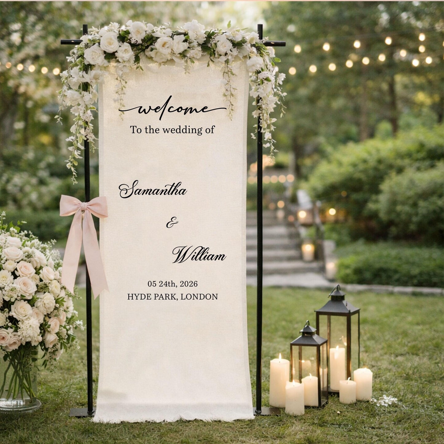 Wedding Welcome Sign Fabric Banner, Personalized Outdoor Garden Wedding Backdrop for Ceremony Entrance Decor