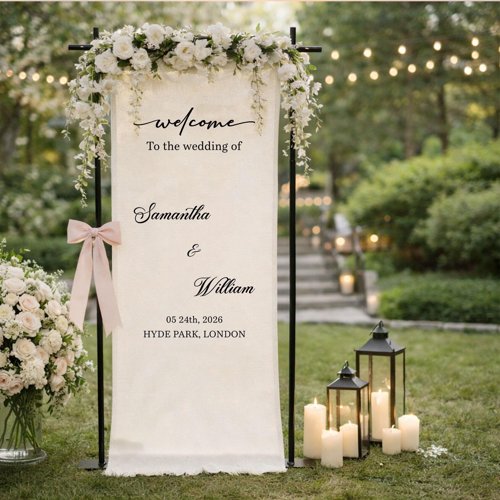 Wedding Welcome Sign Fabric Banner, Personalized Outdoor Garden Wedding Backdrop for Ceremony Entrance Decor