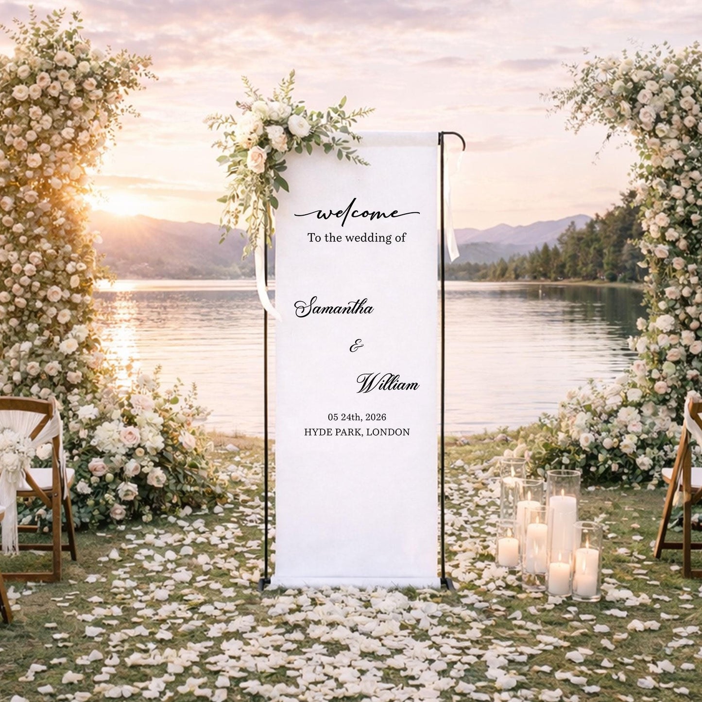 Wedding Welcome Sign Fabric Banner, Personalized Outdoor Garden Wedding Backdrop for Ceremony Entrance Decor