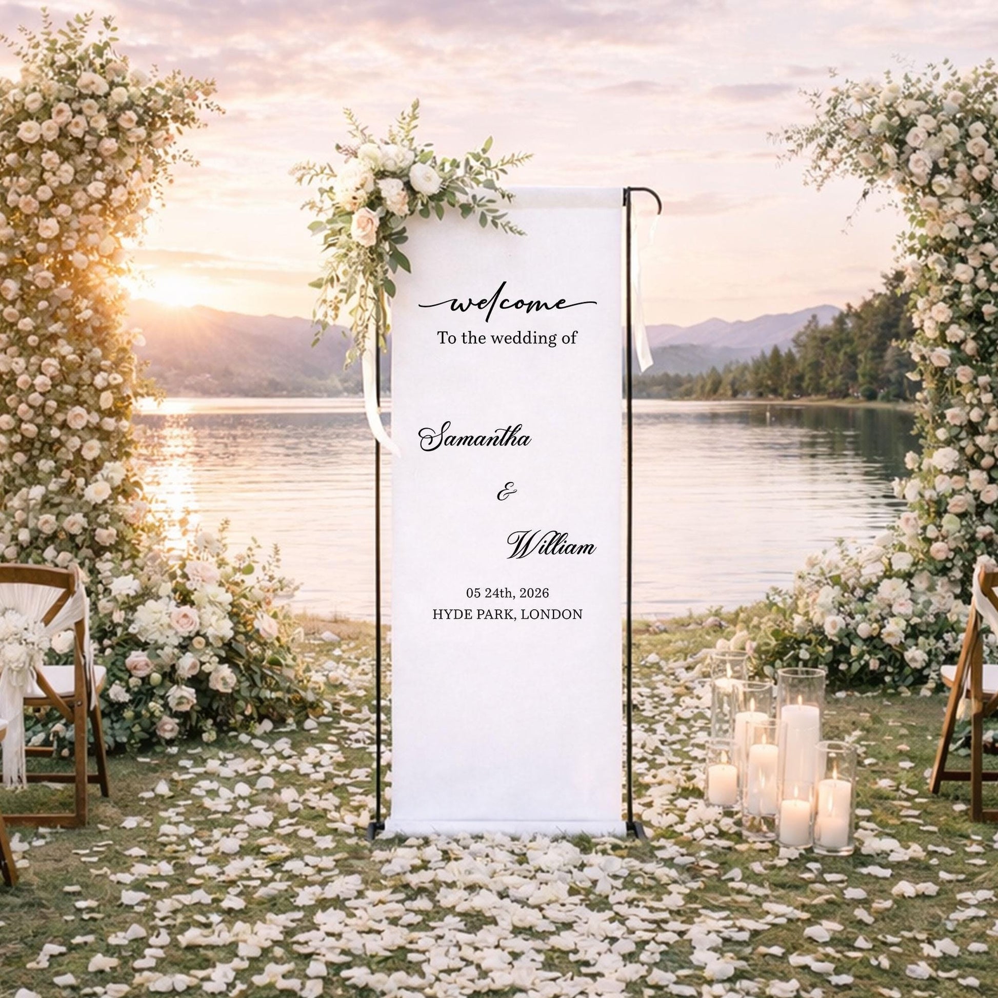 Wedding Welcome Sign Fabric Banner, Personalized Outdoor Garden Wedding Backdrop for Ceremony Entrance Decor