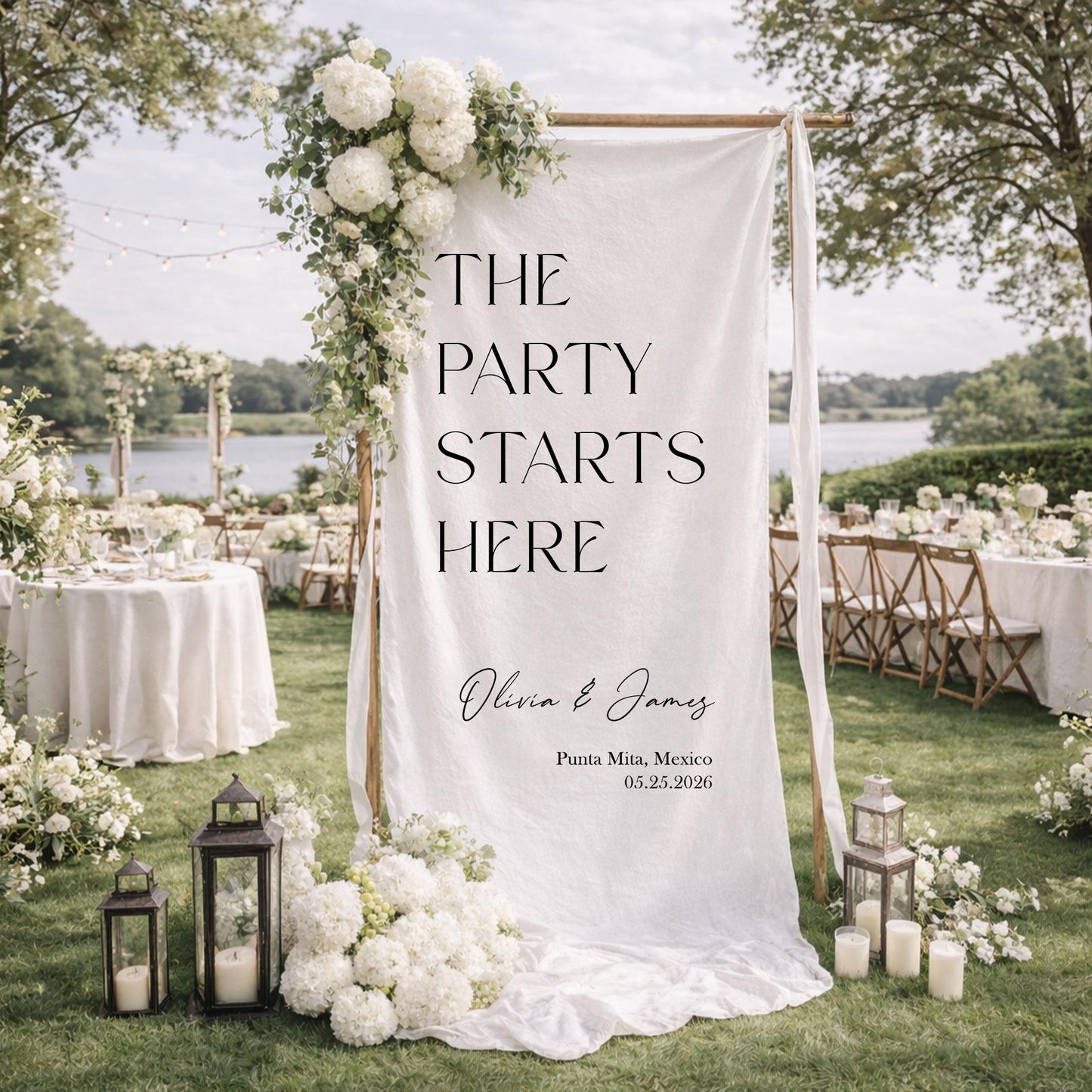 Wedding Welcome Sign Fabric Banner, The Party Starts Here Wedding Reception Sign, Personalized Ceremony Entrance Decor