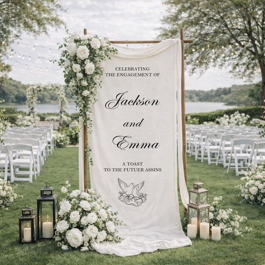 Engagement Party Welcome Sign Fabric Banner, Personalized Engagement Backdrop for Bridal Shower or Reception Decor