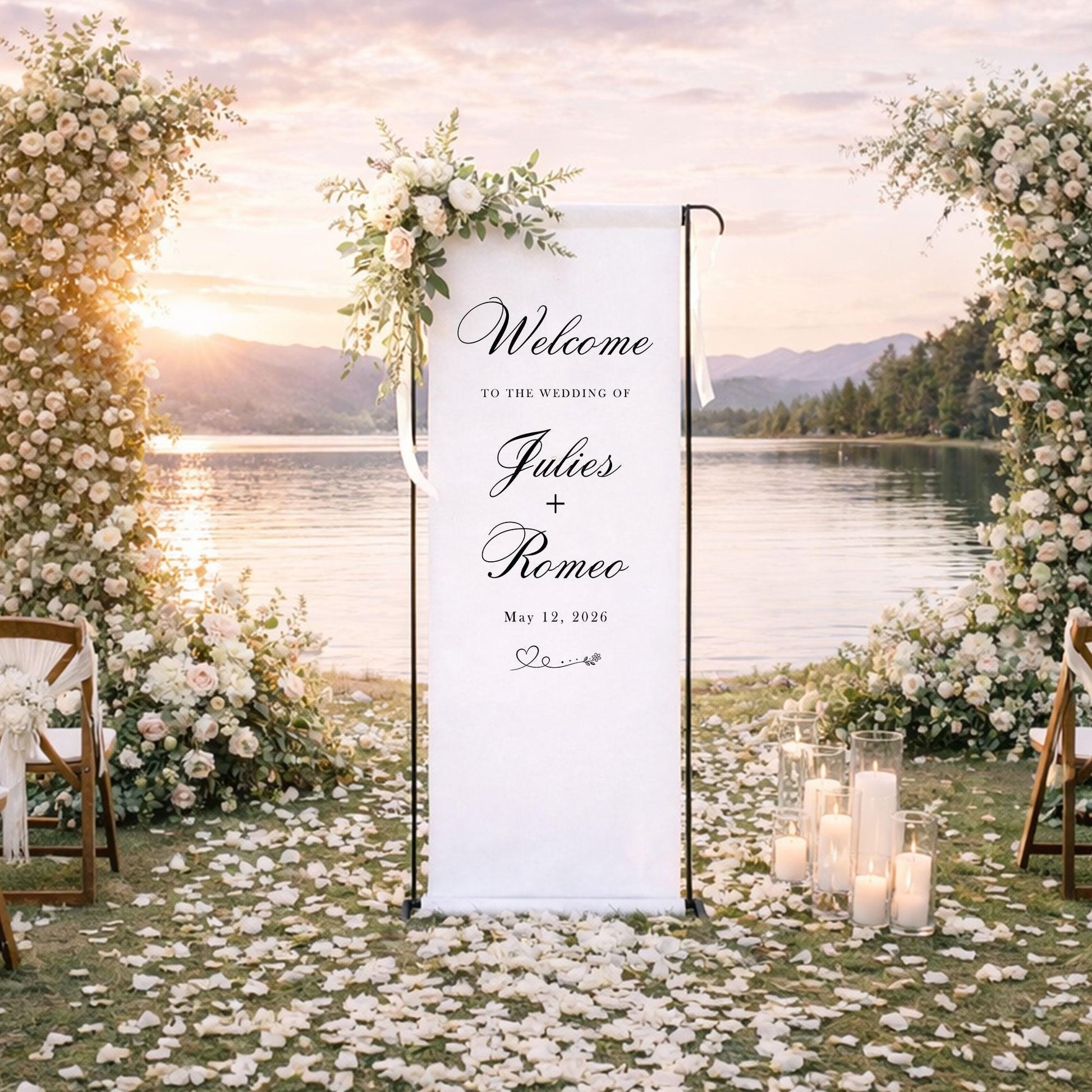 Wedding Welcome Sign Fabric Banner, Personalized Elegant Wedding Backdrop for Outdoor Ceremony or Reception Entrance
