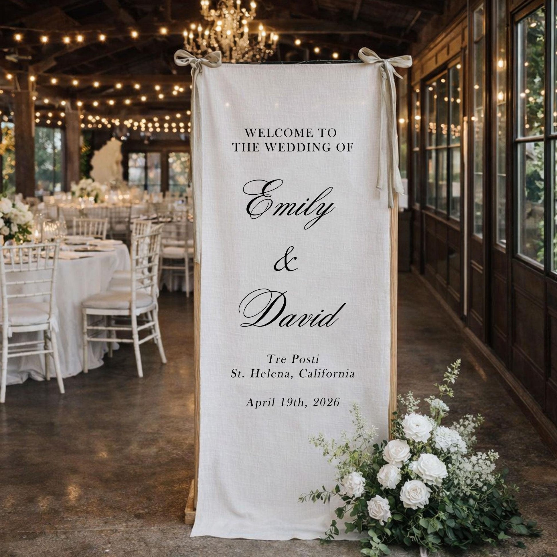 Wedding Welcome Sign Fabric Banner, Personalized Rustic Wedding Backdrop for Reception Entrance Decor, Custom Linen Sign