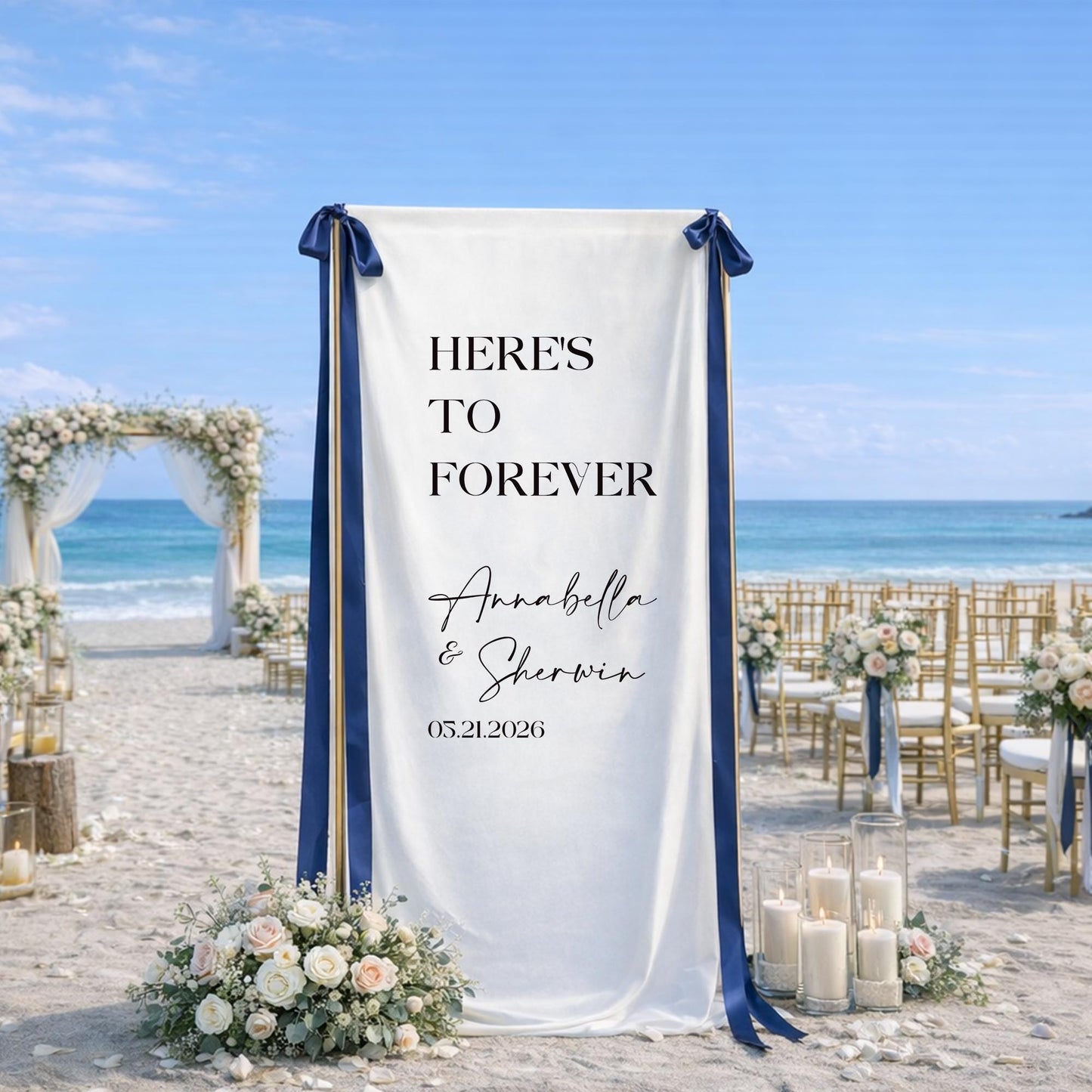 Wedding Welcome Sign, Personalized Wedding Quote Sign Fabric Banner, Custom Ceremony Backdrop Coastal Wedding Decor