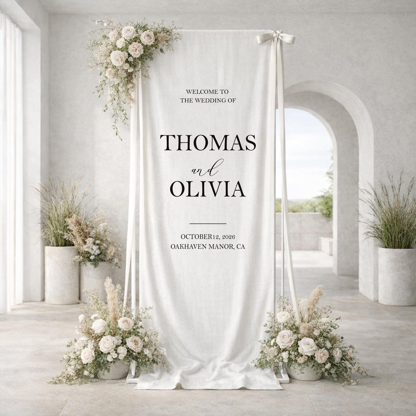 Wedding Welcome Sign Fabric Banner, Personalized Elegant Blue Wedding Backdrop, Custom Ceremony Entrance Reception Decor