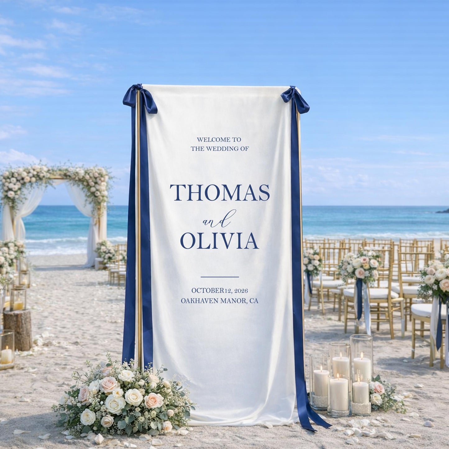 Wedding Welcome Sign Fabric Banner, Personalized Elegant Blue Wedding Backdrop, Custom Ceremony Entrance Reception Decor