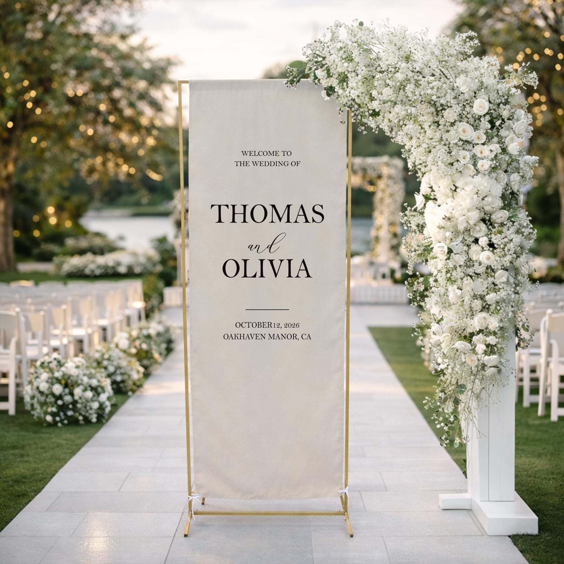 Wedding Welcome Sign Fabric Banner, Personalized Elegant Blue Wedding Backdrop, Custom Ceremony Entrance Reception Decor