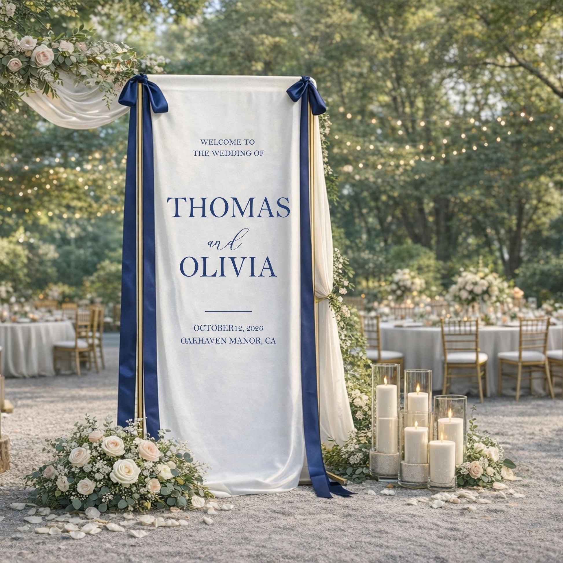 Wedding Welcome Sign Fabric Banner, Personalized Elegant Blue Wedding Backdrop, Custom Ceremony Entrance Reception Decor