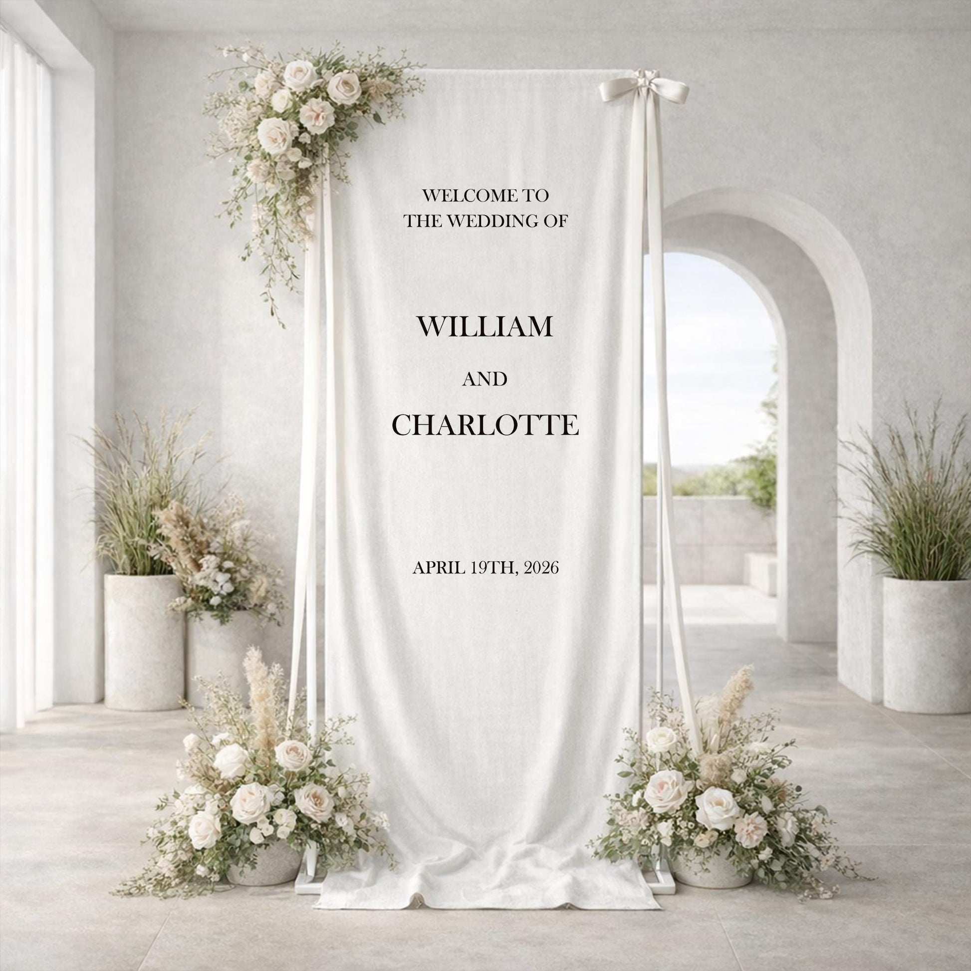 Wedding Welcome Sign Fabric Banner, Personalized Minimalist Wedding Backdrop, Elegant Modern Ceremony Entrance Decor