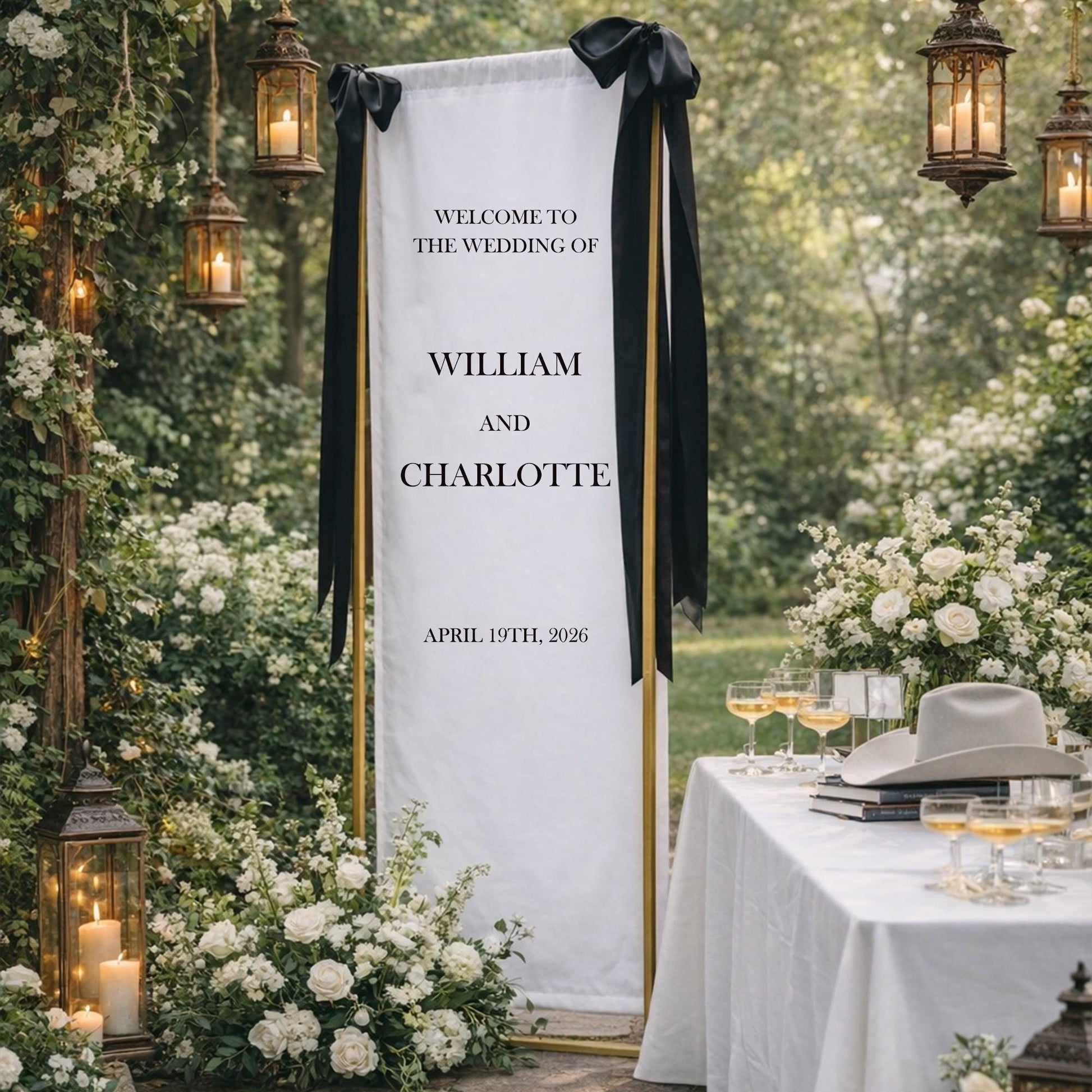 Wedding Welcome Sign Fabric Banner, Personalized Minimalist Wedding Backdrop, Elegant Modern Ceremony Entrance Decor