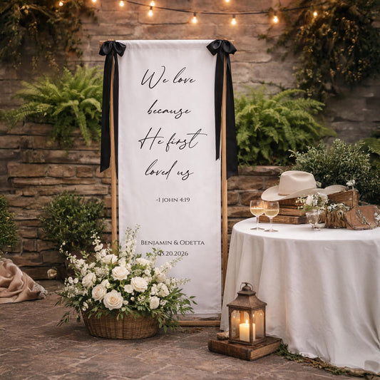 Bible Verse Wedding Sign Fabric Banner, Christian Wedding Decor, Personalized Scripture Linen Ceremony Reception Backdrop