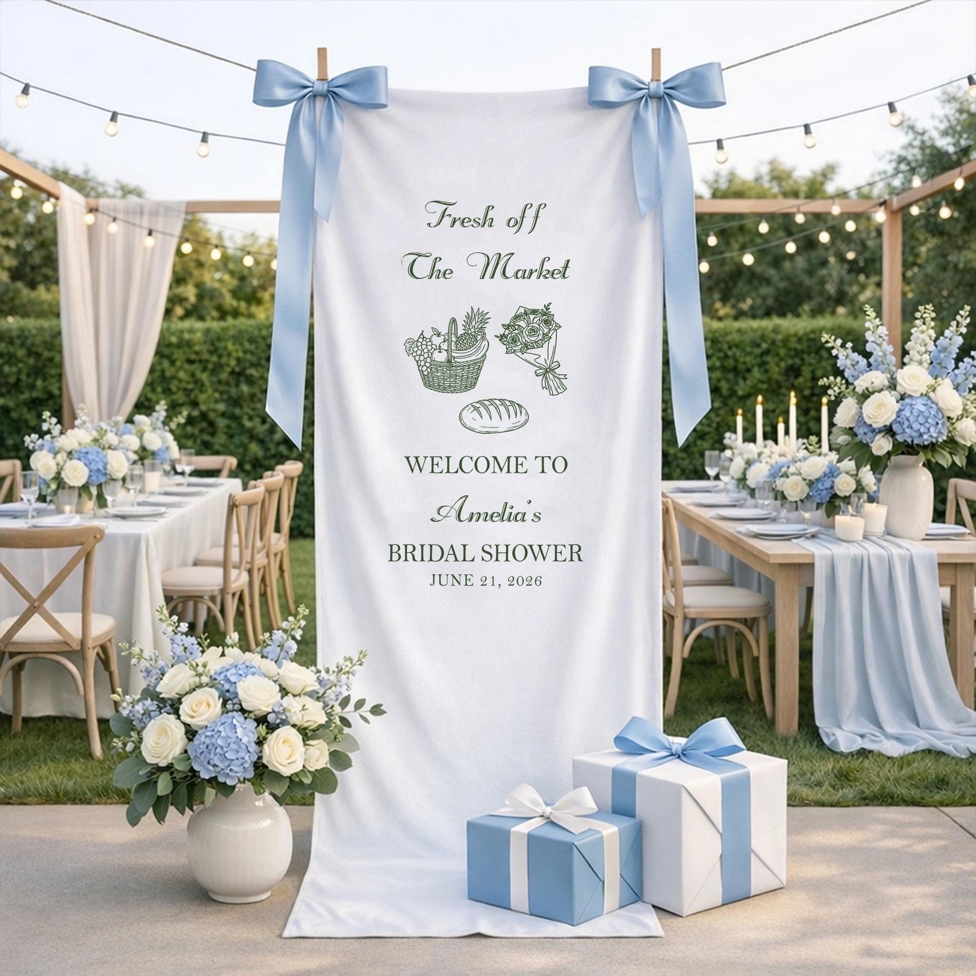 Fresh Off The Market Bridal Shower Banner, Personalized Bridal Shower Welcome Sign, Farmers Market Theme Party Decor, Rustic Garden Backdrop