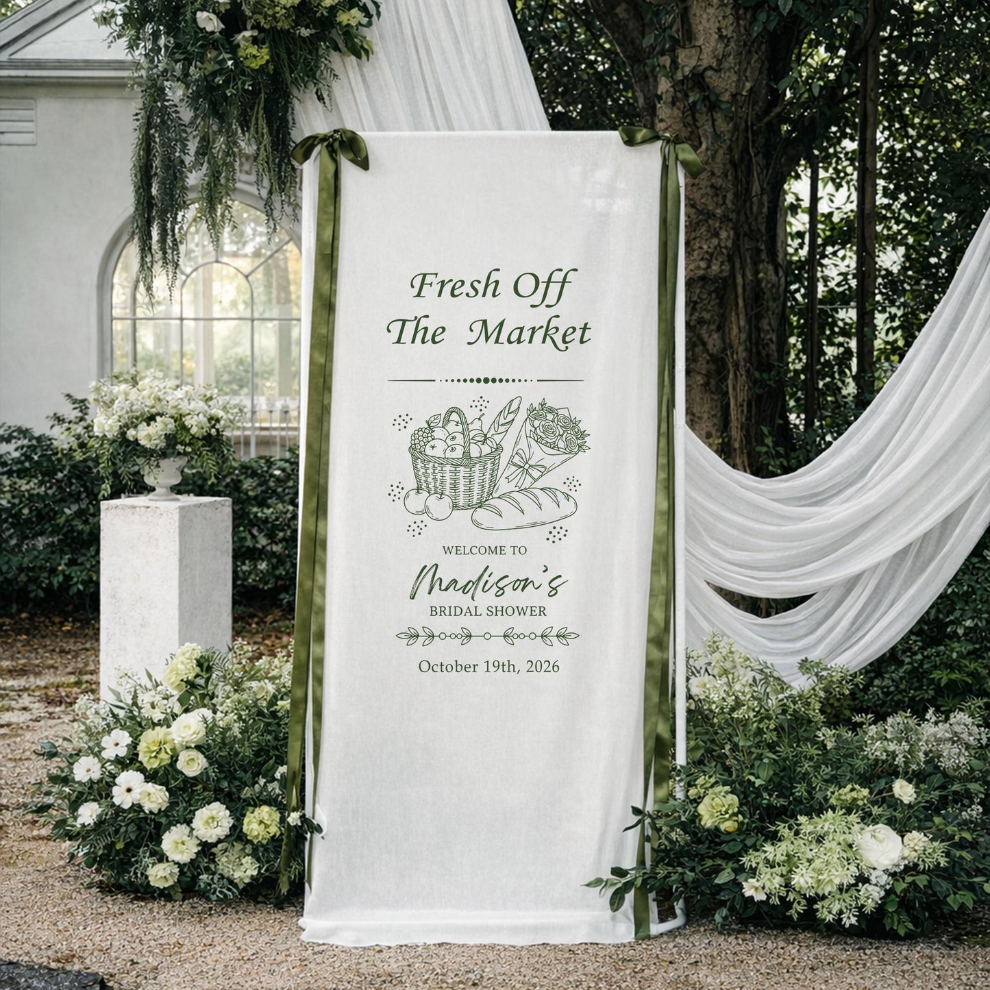 Personalized Fresh Off The Market Bridal Shower Banner, Farmers Market Bridal Shower Welcome Sign, Rustic Garden Bridal Party Backdrop Decor