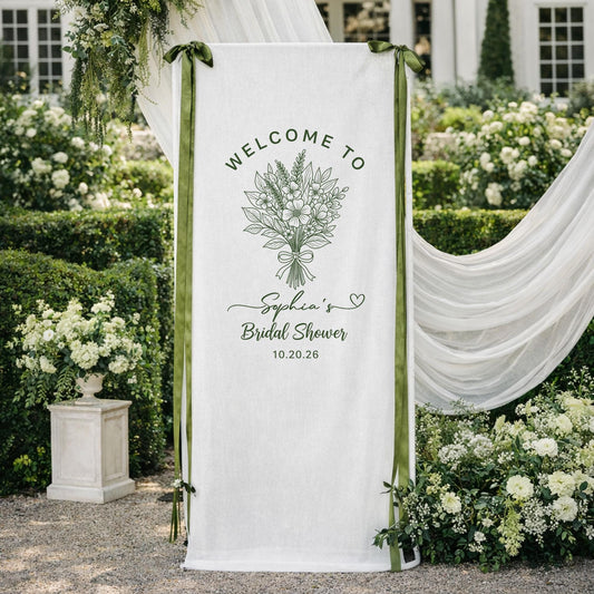 Personalized Bridal Shower Welcome Banner, Custom Bride To Be Party Backdrop Sign, Elegant Garden Bridal Shower Decor with Name and Date