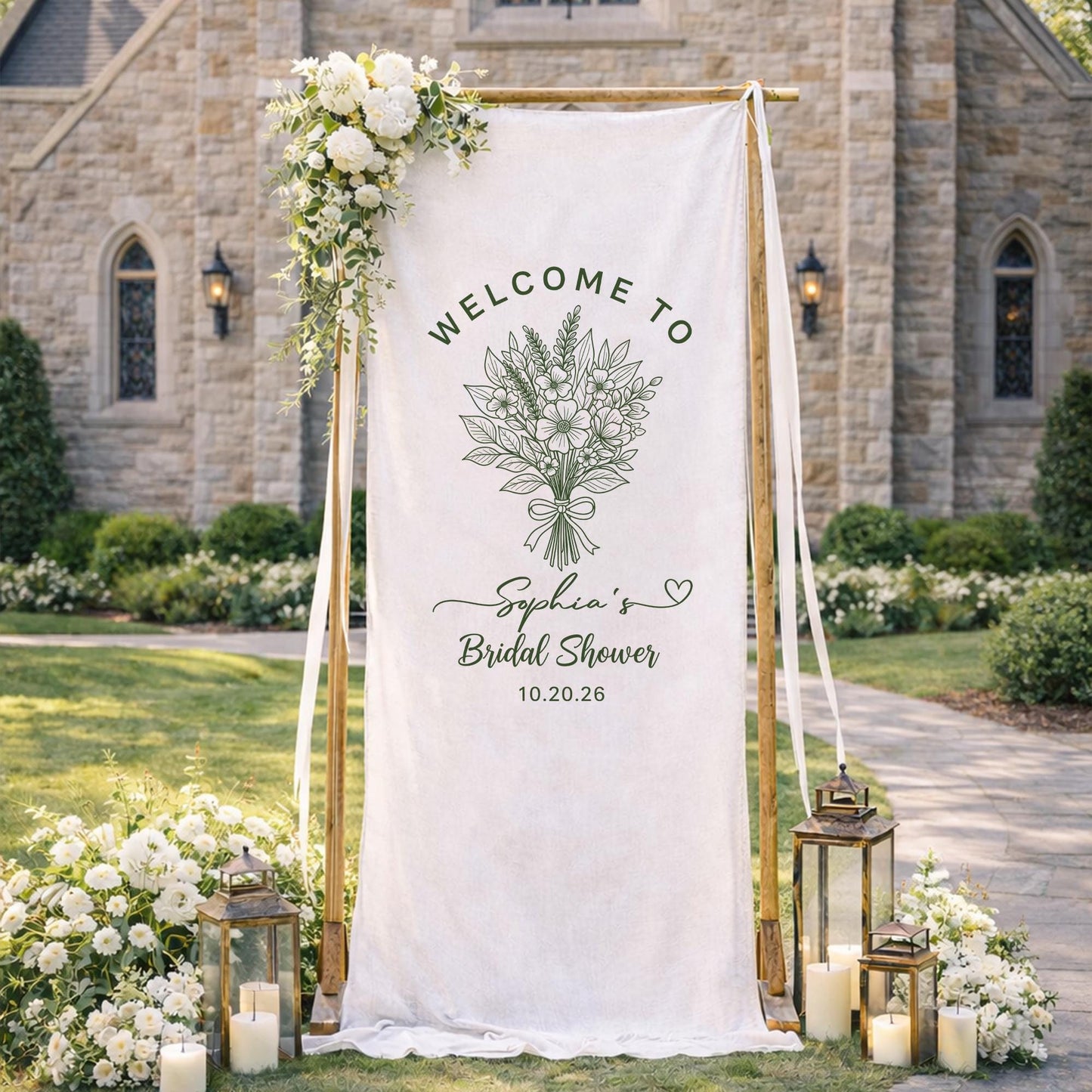 Personalized Bridal Shower Welcome Banner, Custom Bride To Be Party Backdrop Sign, Elegant Garden Bridal Shower Decor with Name and Date