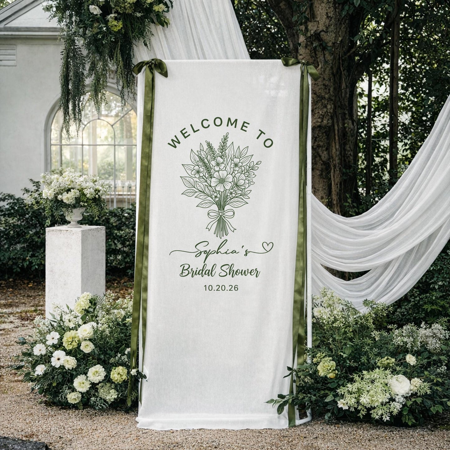 Personalized Bridal Shower Welcome Banner, Custom Bride To Be Party Backdrop Sign, Elegant Garden Bridal Shower Decor with Name and Date