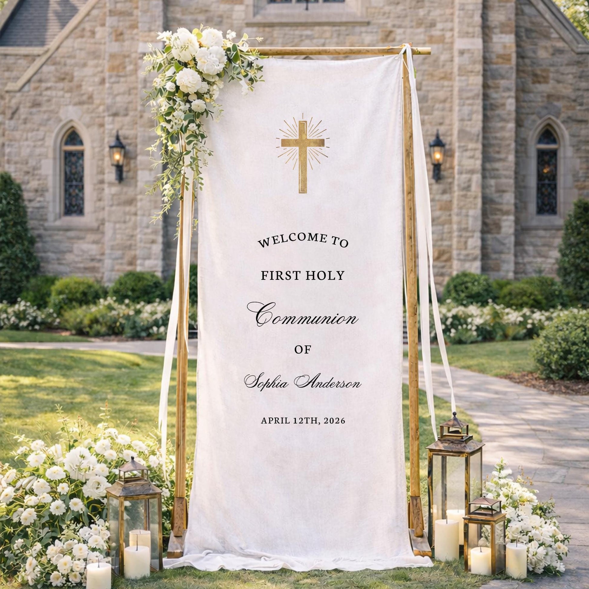 First Holy Communion Banner, Personalized Communion Welcome Sign with Cross,Catholic Baptism Party Decor, Custom Church Celebration Backdrop