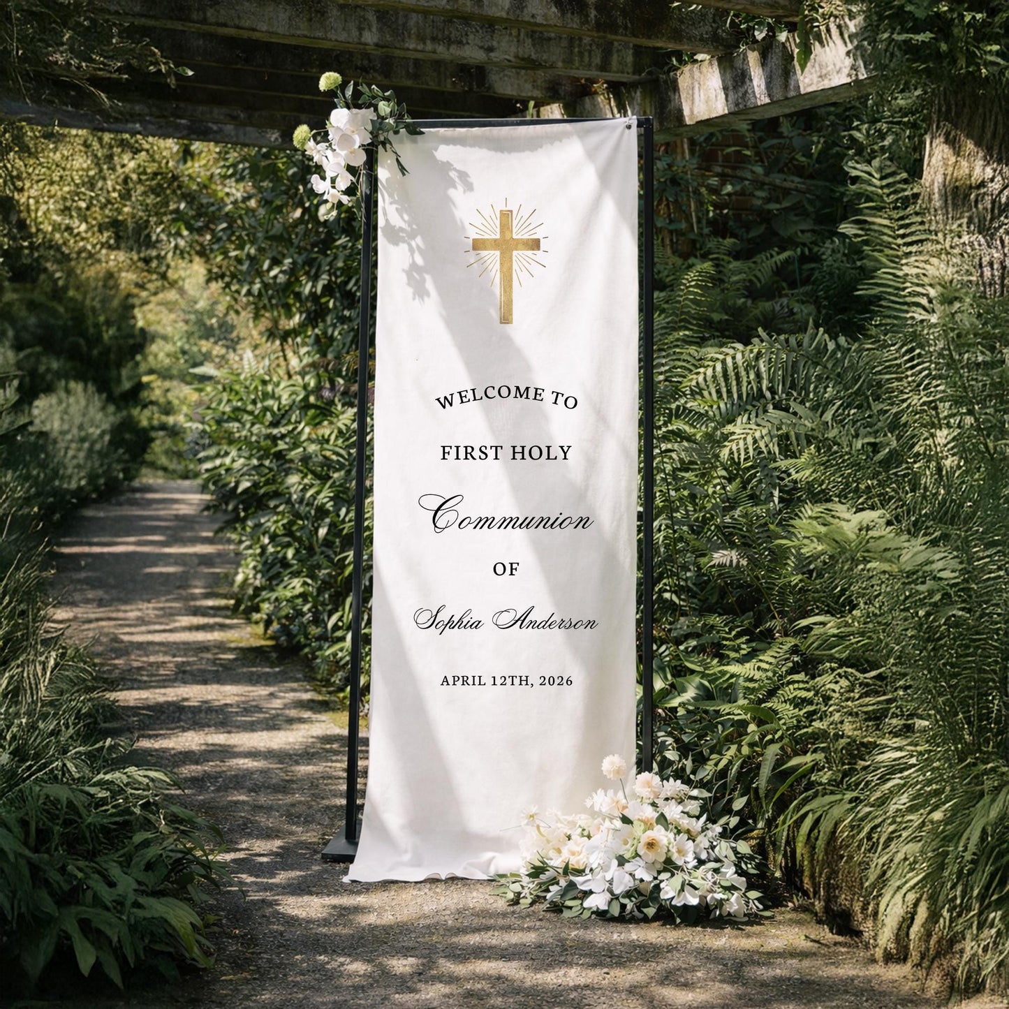 First Holy Communion Banner, Personalized Communion Welcome Sign with Cross,Catholic Baptism Party Decor, Custom Church Celebration Backdrop