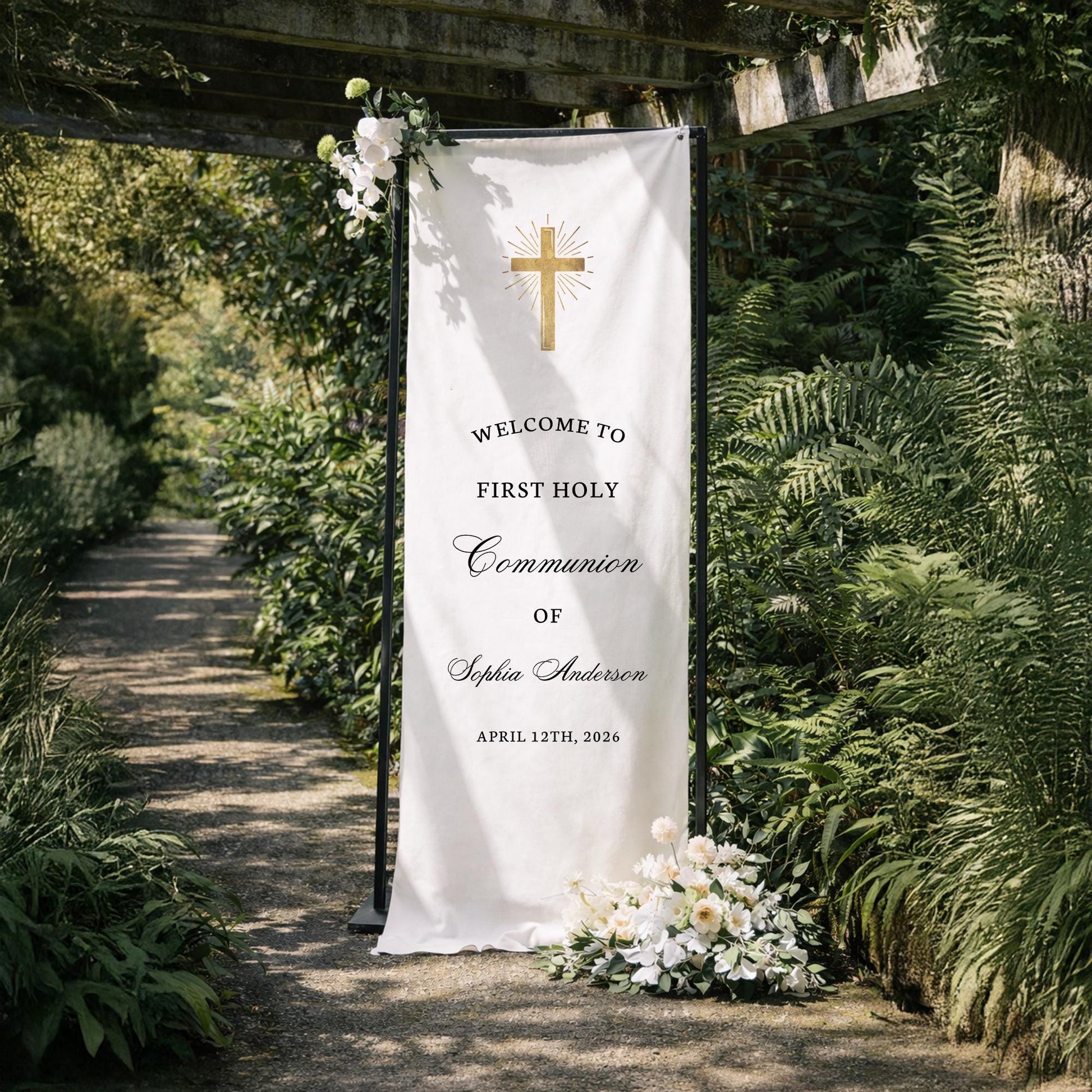 First Holy Communion Banner, Personalized Communion Welcome Sign with Cross,Catholic Baptism Party Decor, Custom Church Celebration Backdrop