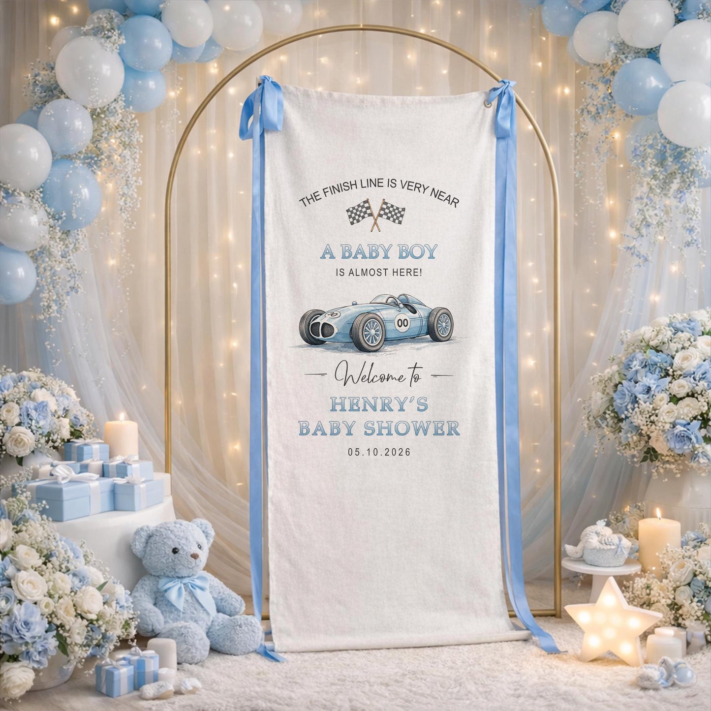 Car Baby Shower Banner, A Baby Boy Is Almost Here Finish Line Theme Sign, Personalized Baby Shower Welcome Banner, Racing Baby Decor